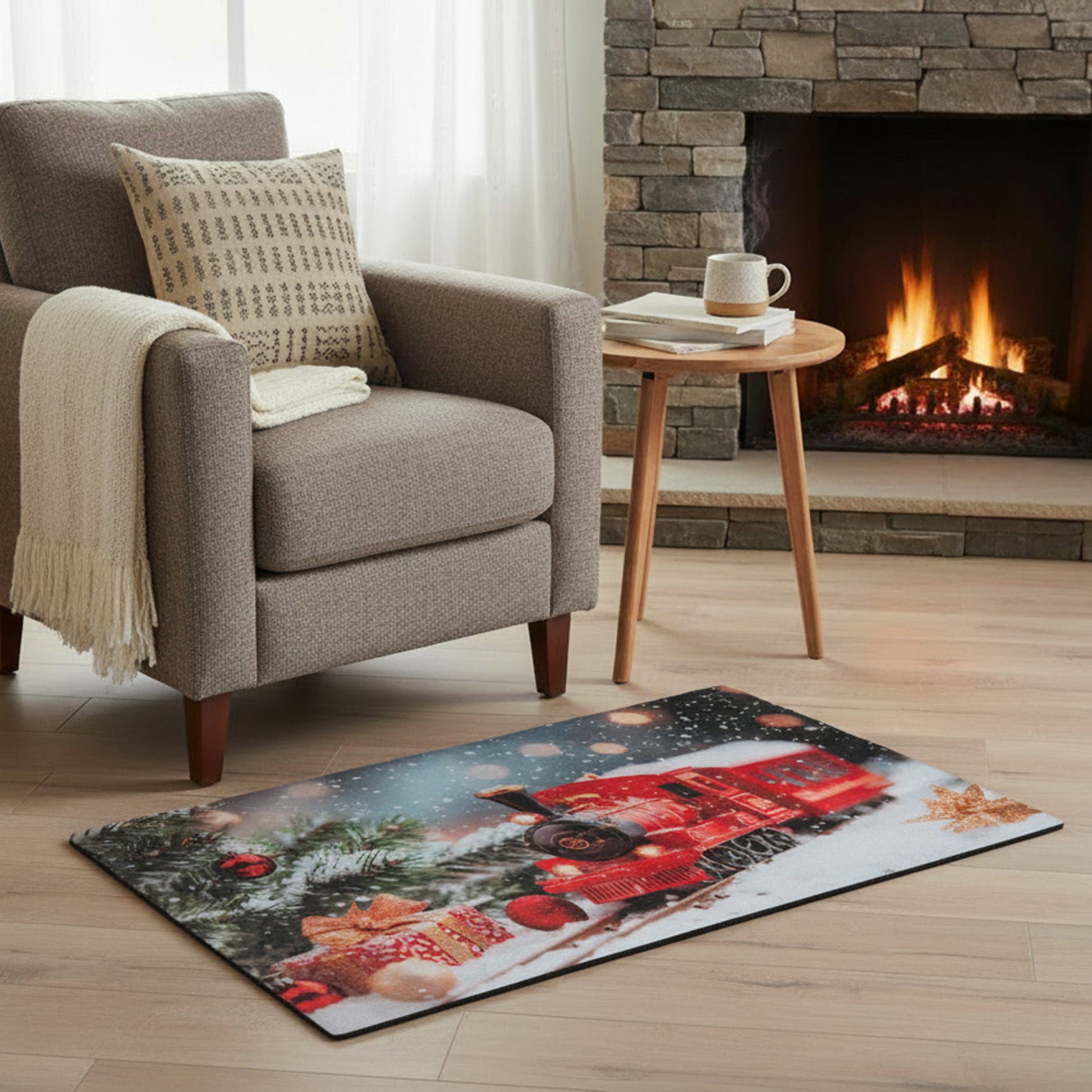 Printed Rubber Mat Snowy Train, Winter, Door Mat, Holiday Decor