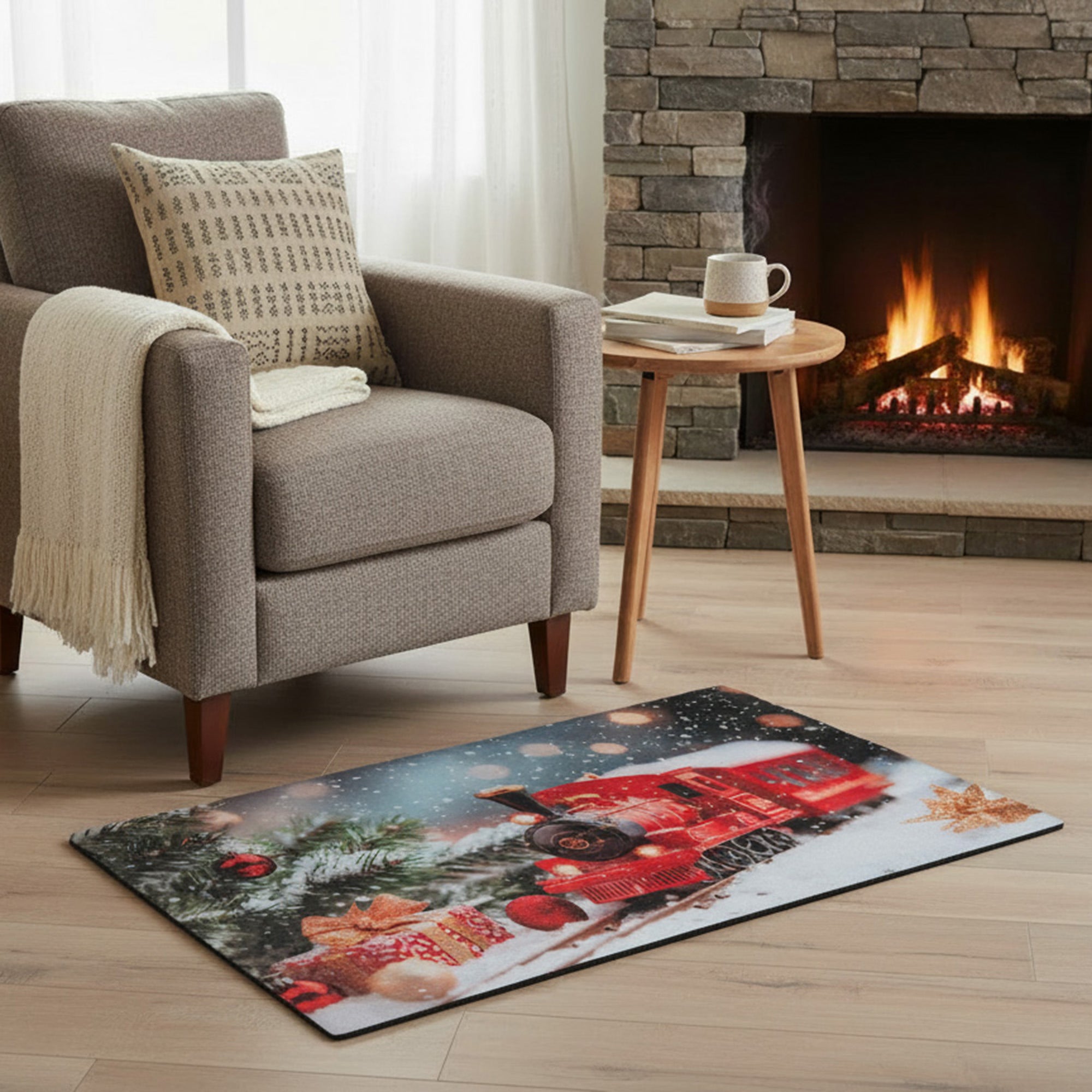 Printed Rubber Mat Snowy Train, Winter, Door Mat, Holiday Decor
