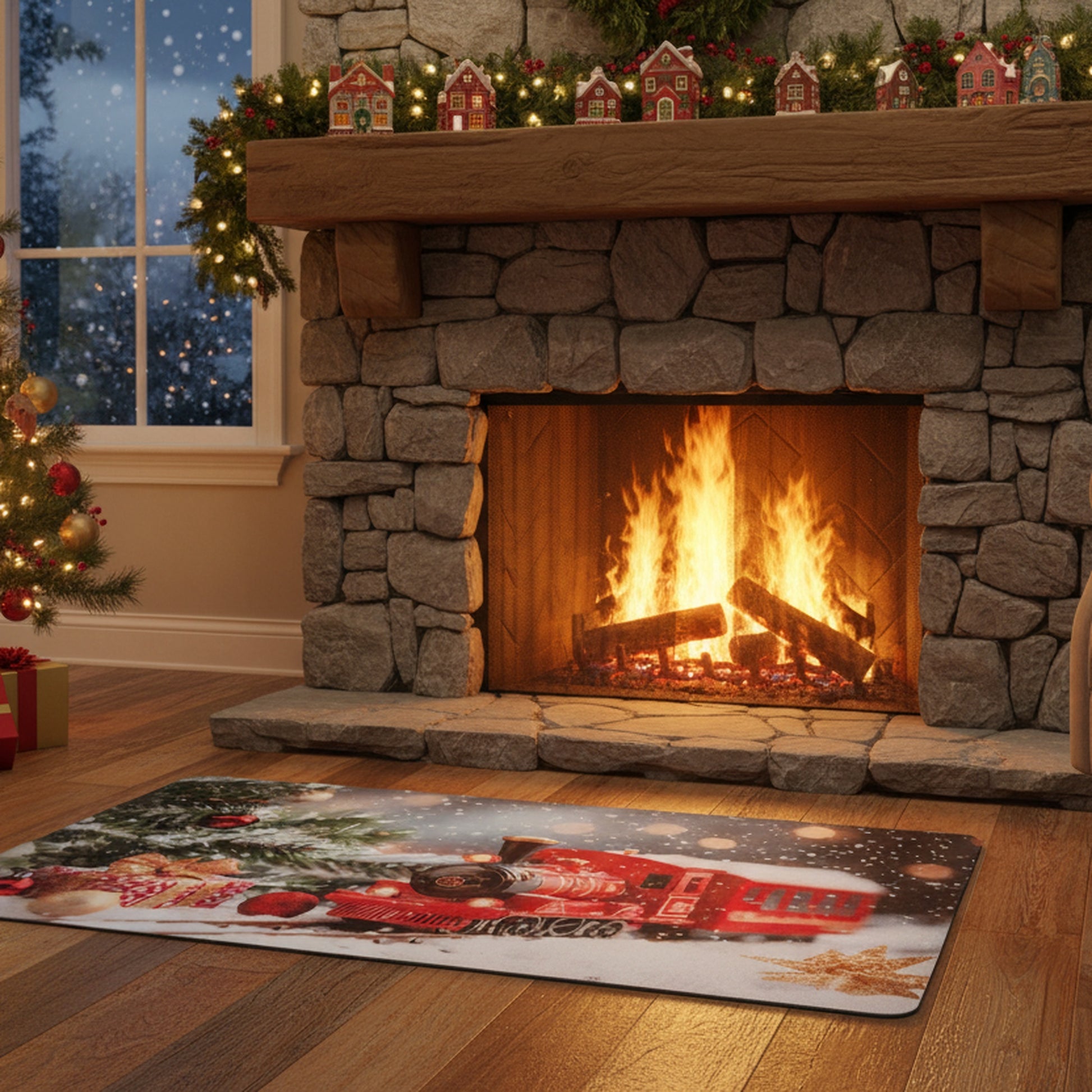 Printed Rubber Mat Snowy Train, Winter, Door Mat, Holiday Decor