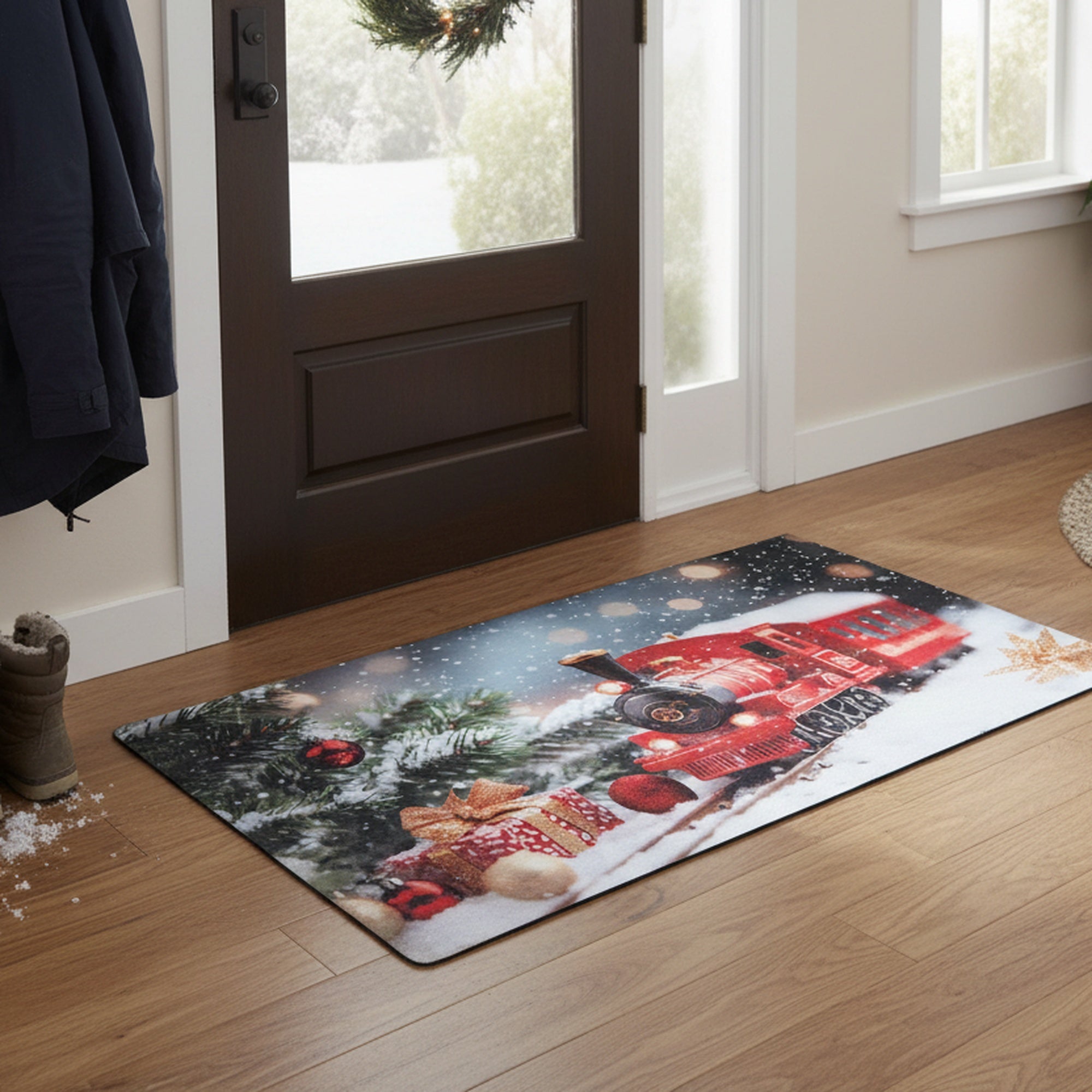 Printed Rubber Mat Snowy Train, Winter, Door Mat, Holiday Decor