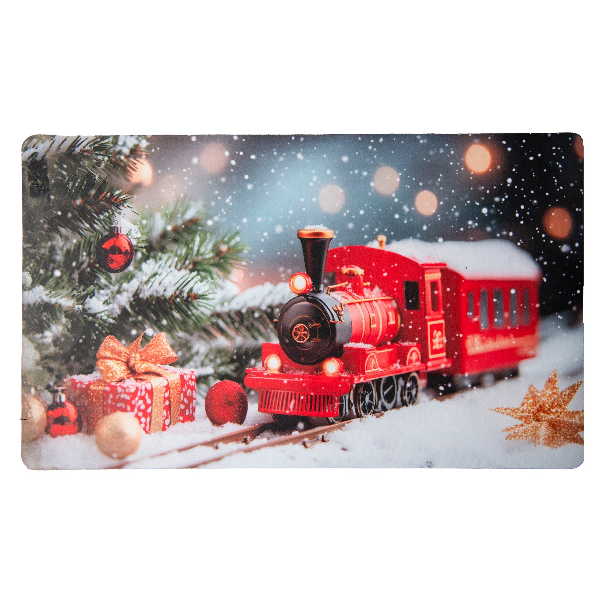 Printed Rubber Mat Snowy Train, Winter, Door Mat, Holiday Decor