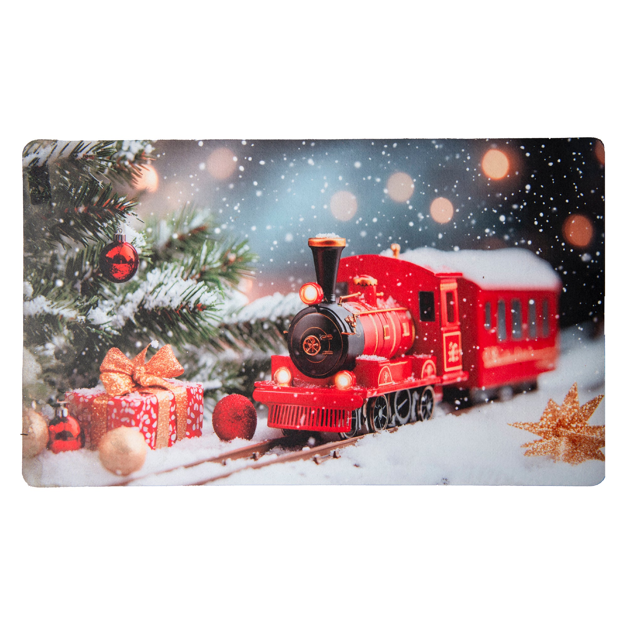 Printed Rubber Mat Snowy Train, Winter, Door Mat, Holiday Decor