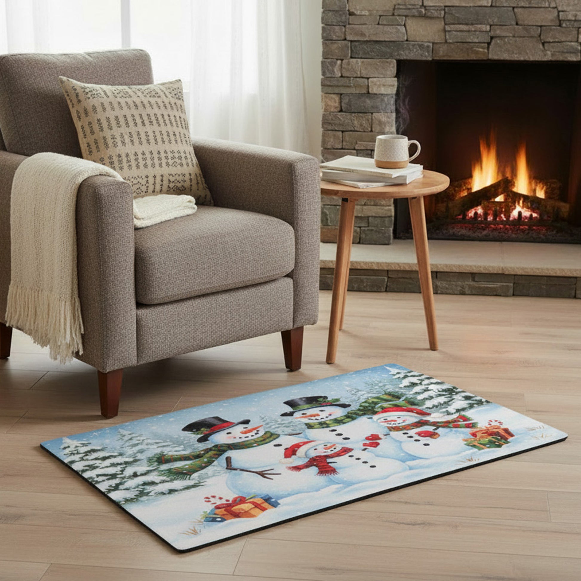 Printed Rubber Mat Snowman Family, Christmas, Door Mat, Holiday Decor