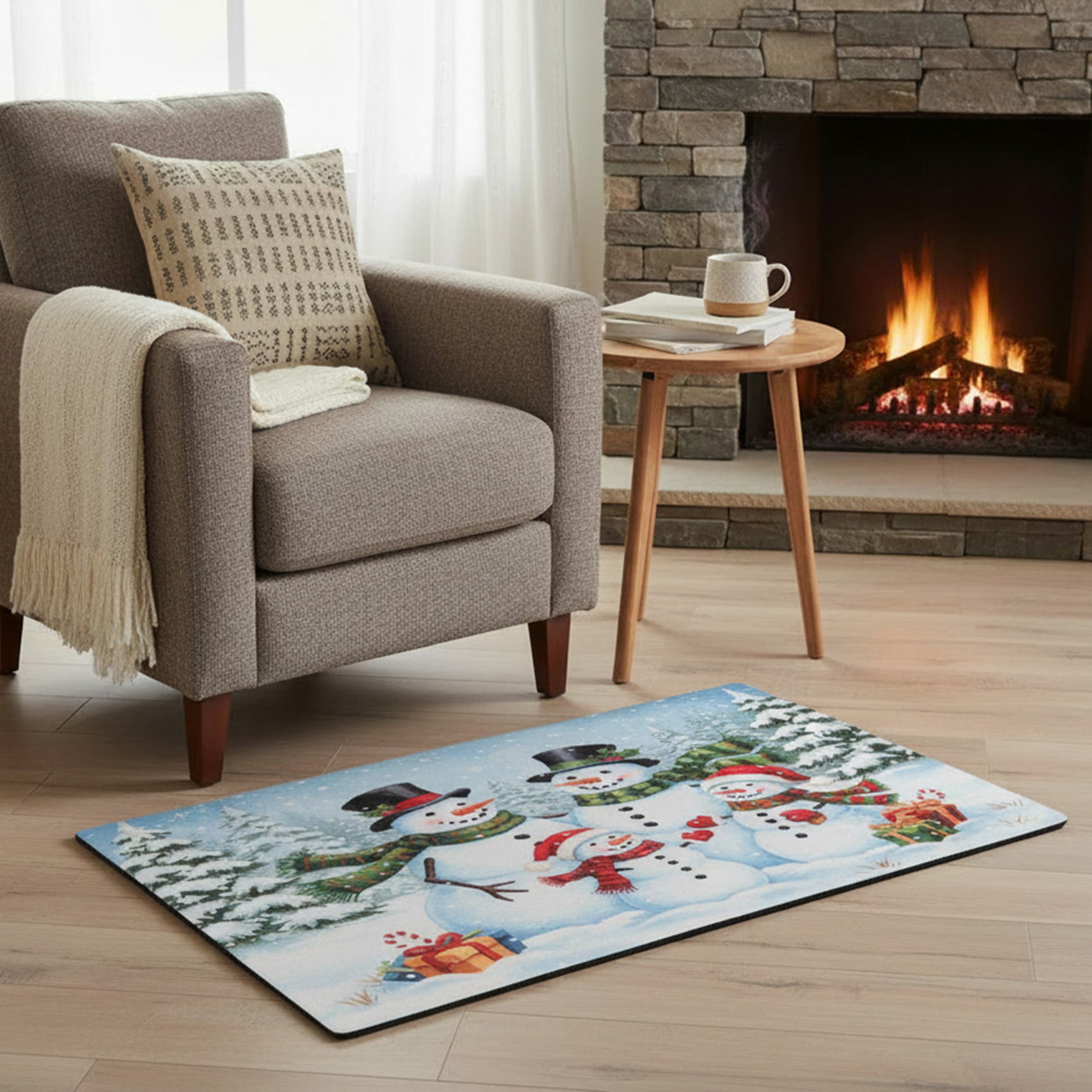 Printed Rubber Mat Snowman Family, Christmas, Door Mat, Holiday Decor