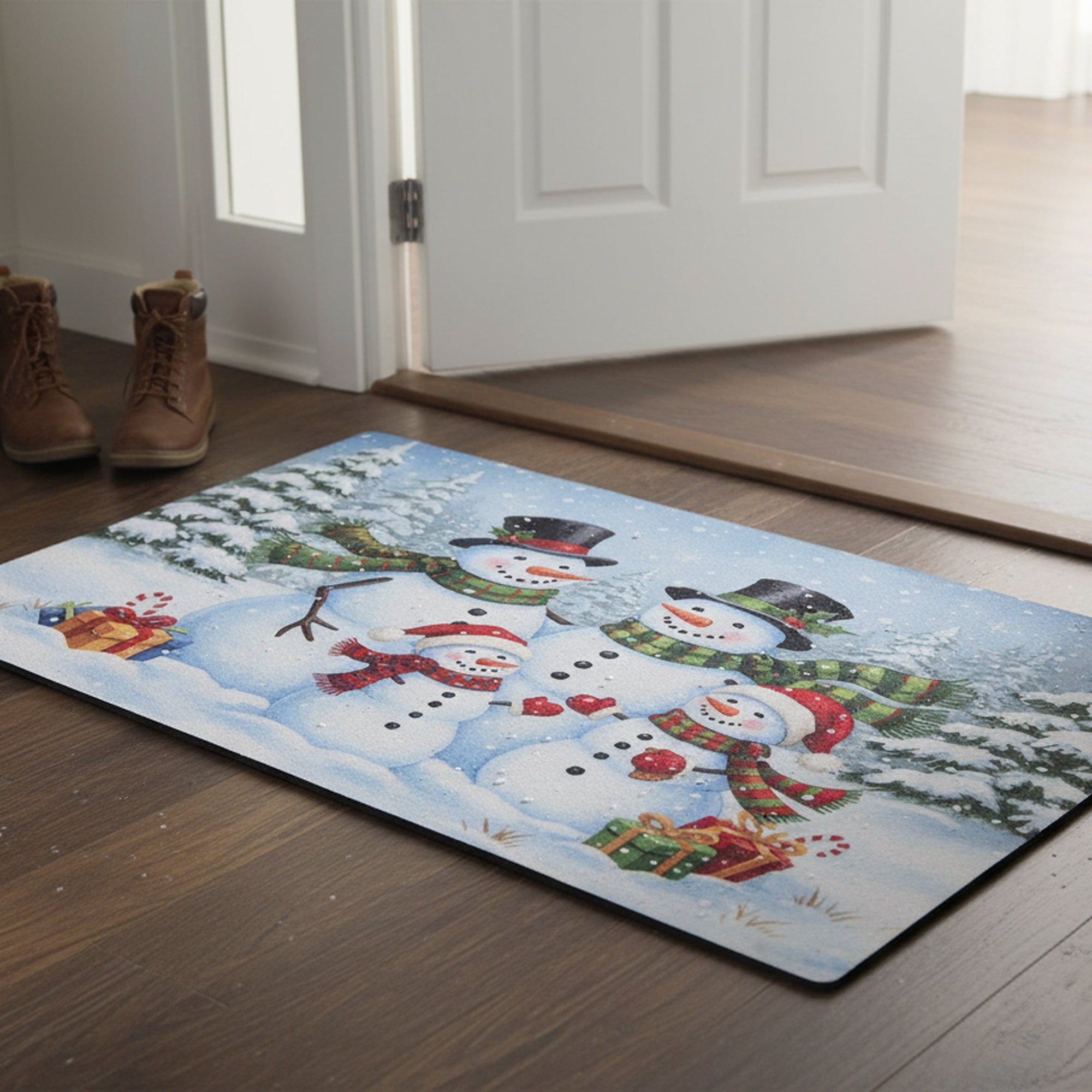 Printed Rubber Mat Snowman Family, Christmas, Door Mat, Holiday Decor