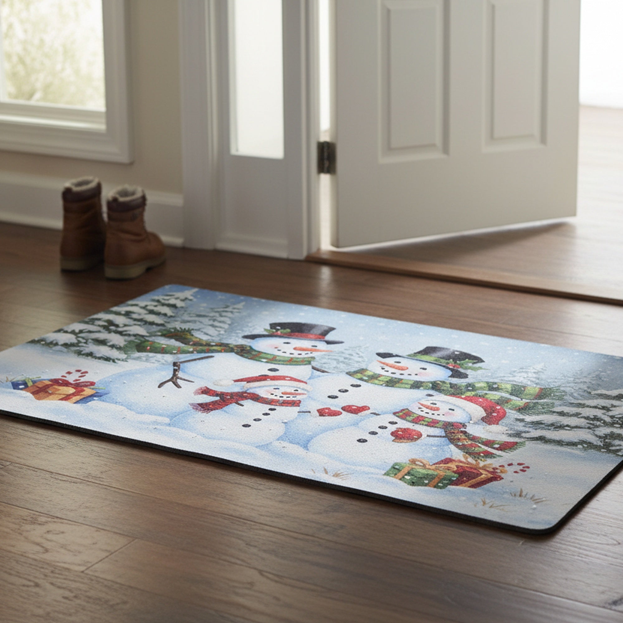 Printed Rubber Mat Snowman Family, Christmas, Door Mat, Holiday Decor