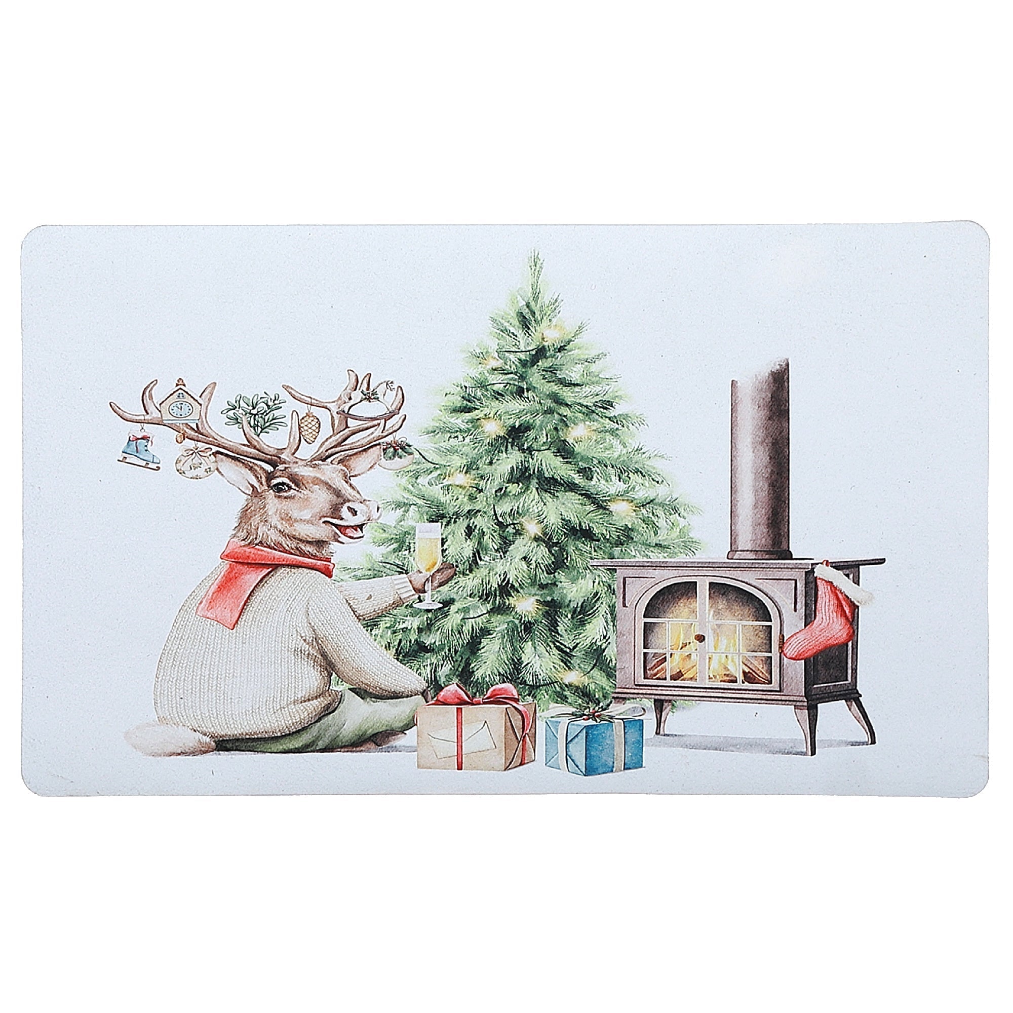 Christmas Fireplace Floor Mat, Printed Rubber Entry Mat, Holiday Floor Decor