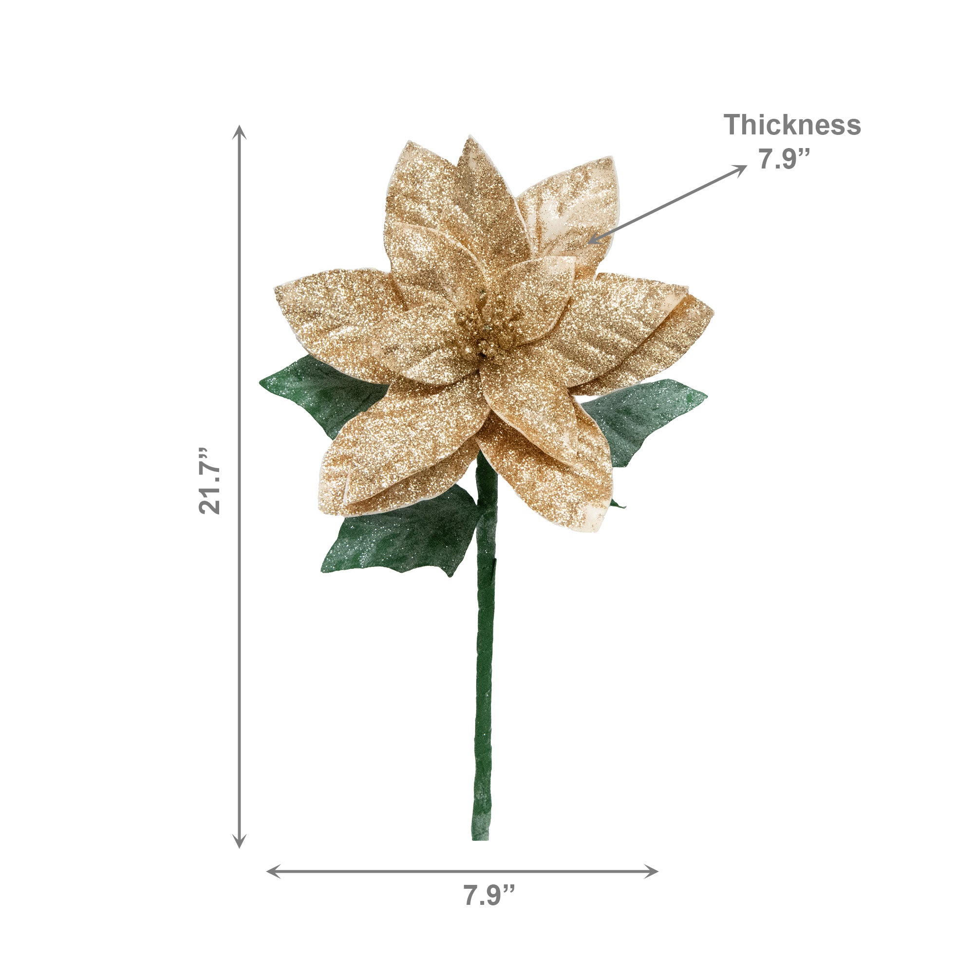 21.75" Glitter Poinsettia with Leaves Stem Gold, Christmas, Floral Pick, Holiday Decor