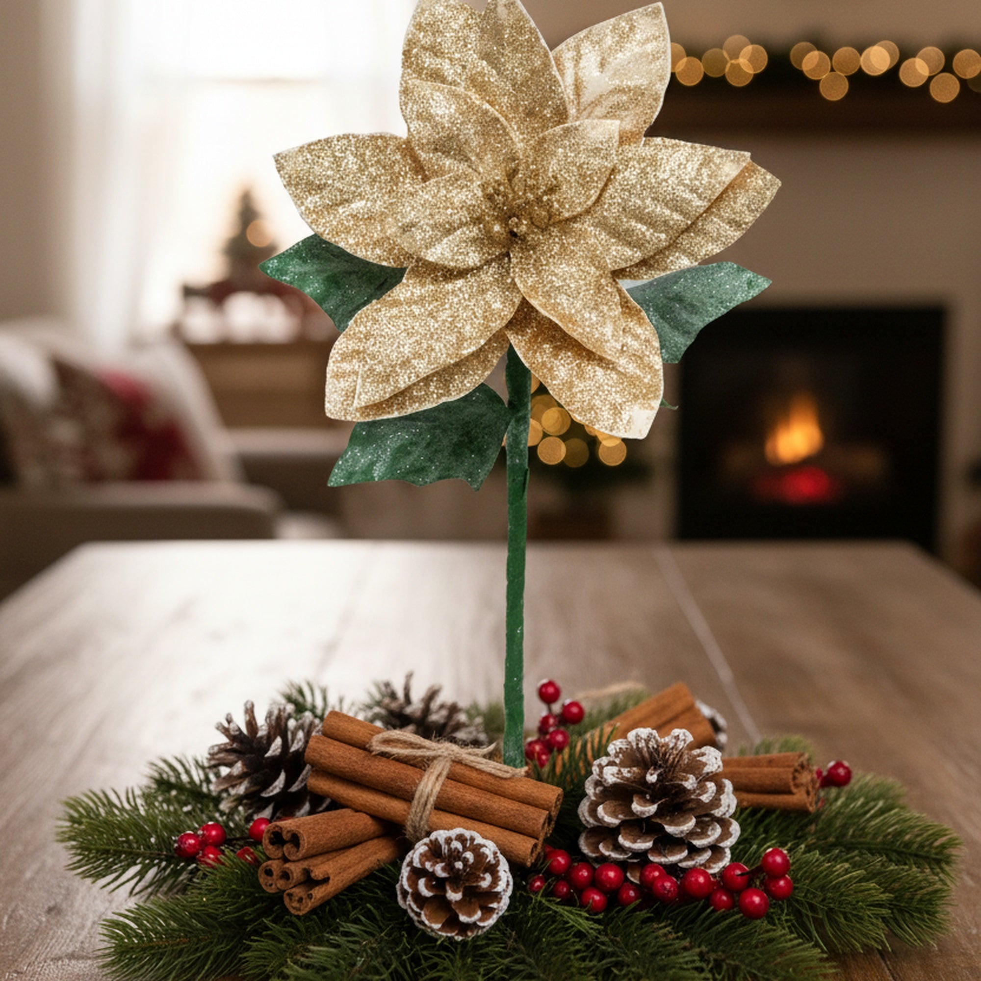 21.75" Glitter Poinsettia with Leaves Stem Gold, Christmas, Floral Pick, Holiday Decor