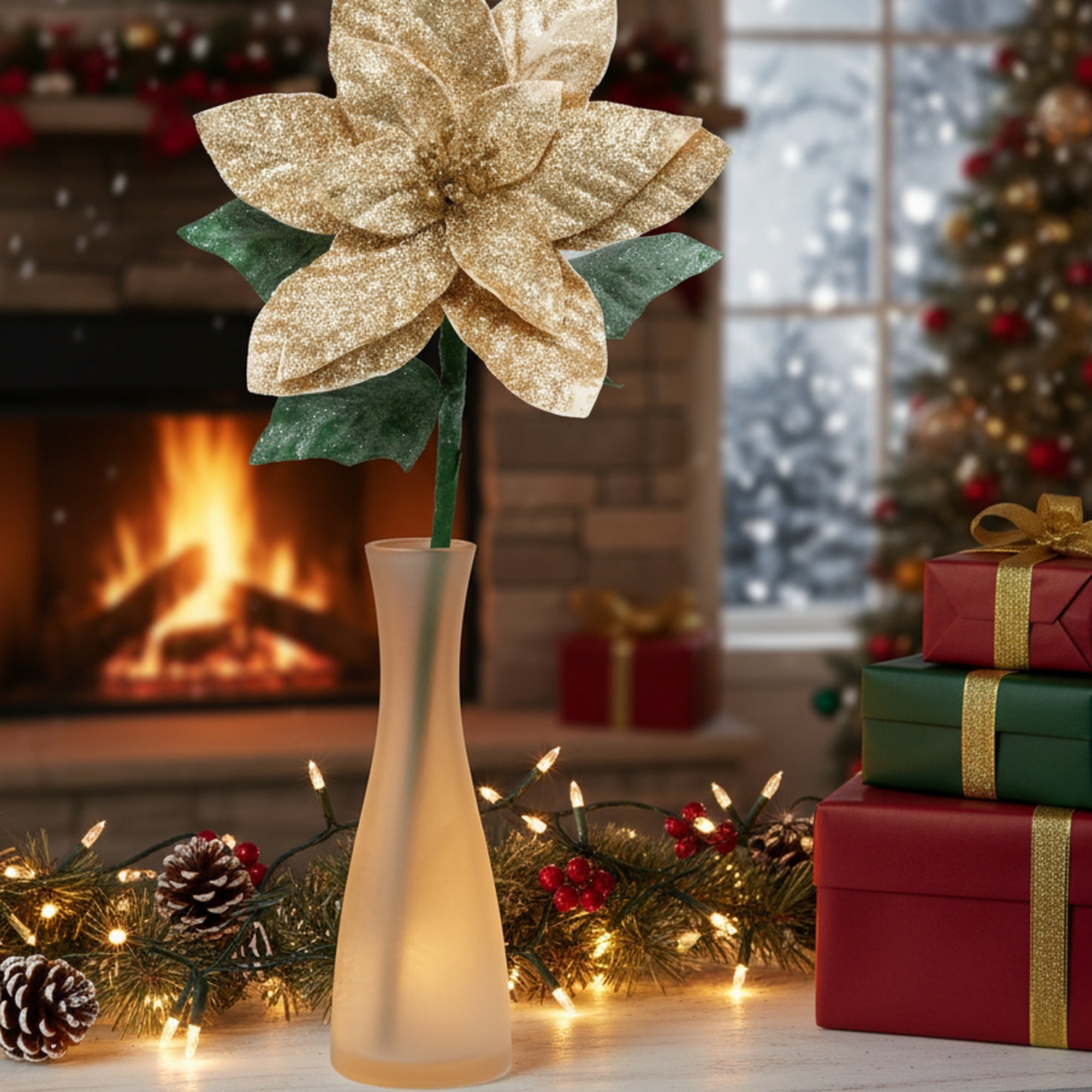 21.75" Glitter Poinsettia with Leaves Stem Gold, Christmas, Floral Pick, Holiday Decor