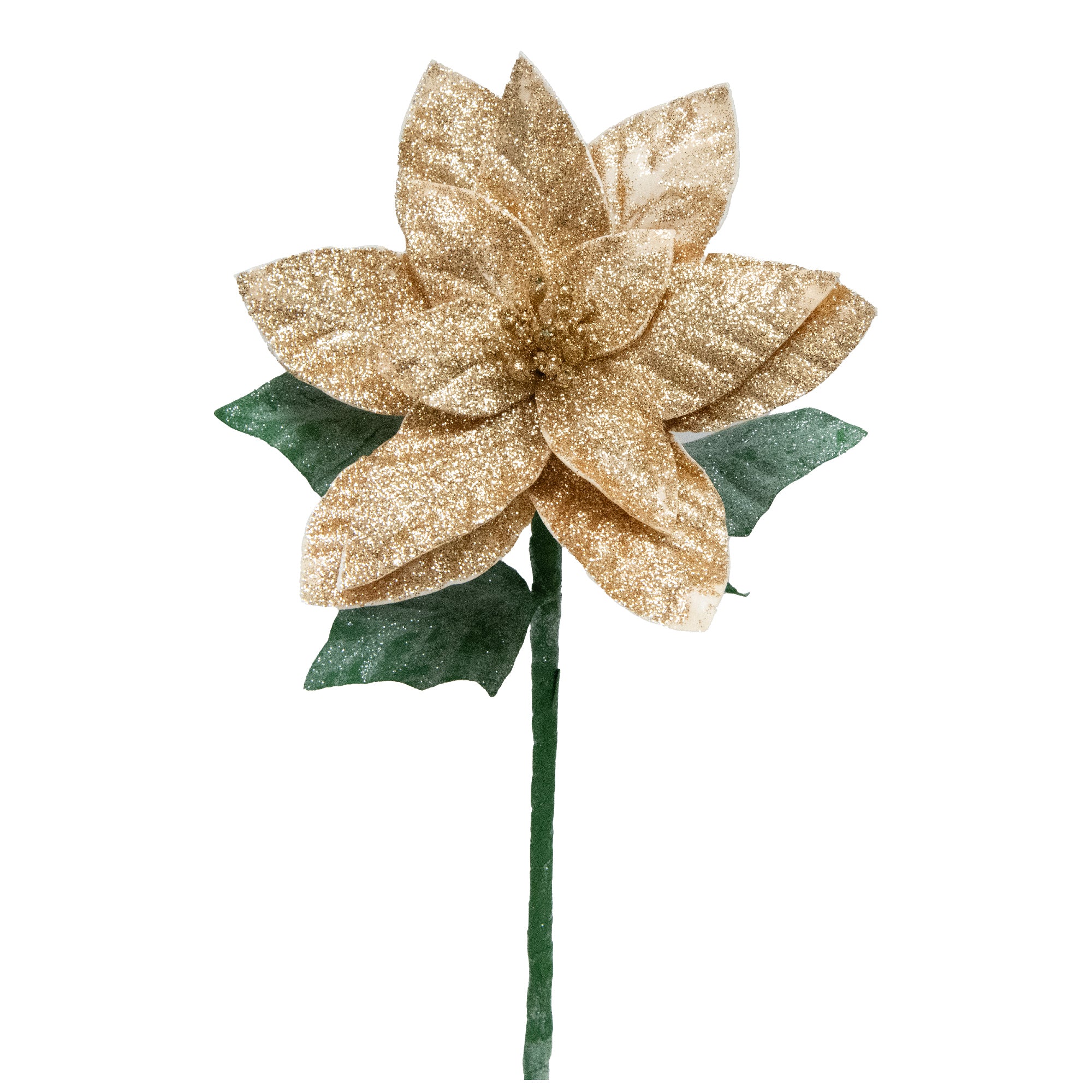 21.75" Glitter Poinsettia with Leaves Stem Gold, Christmas, Floral Pick, Holiday Decor