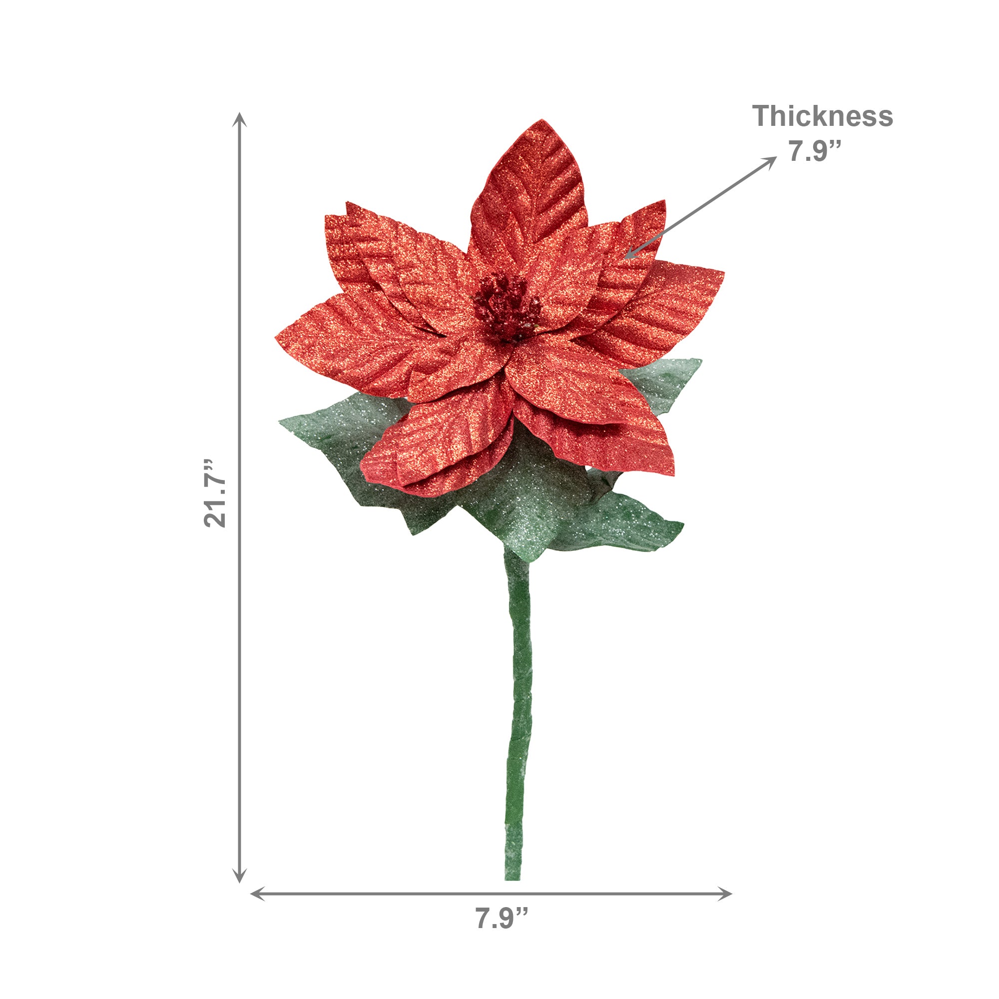 21.75" Glitter Poinsettia with Leaves Stem Red, Christmas, Floral Pick, Holiday Decor