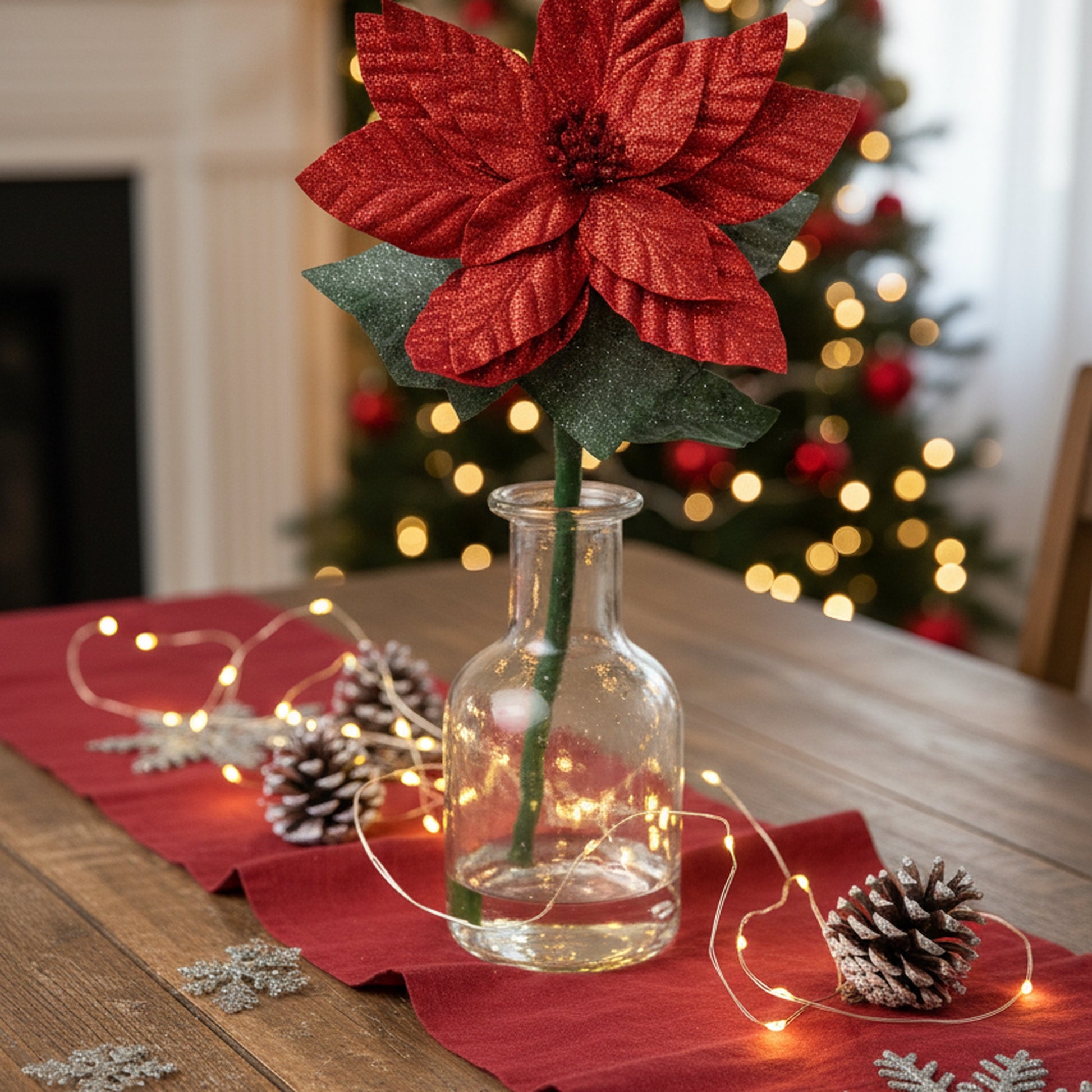 21.75" Glitter Poinsettia with Leaves Stem Red, Christmas, Floral Pick, Holiday Decor