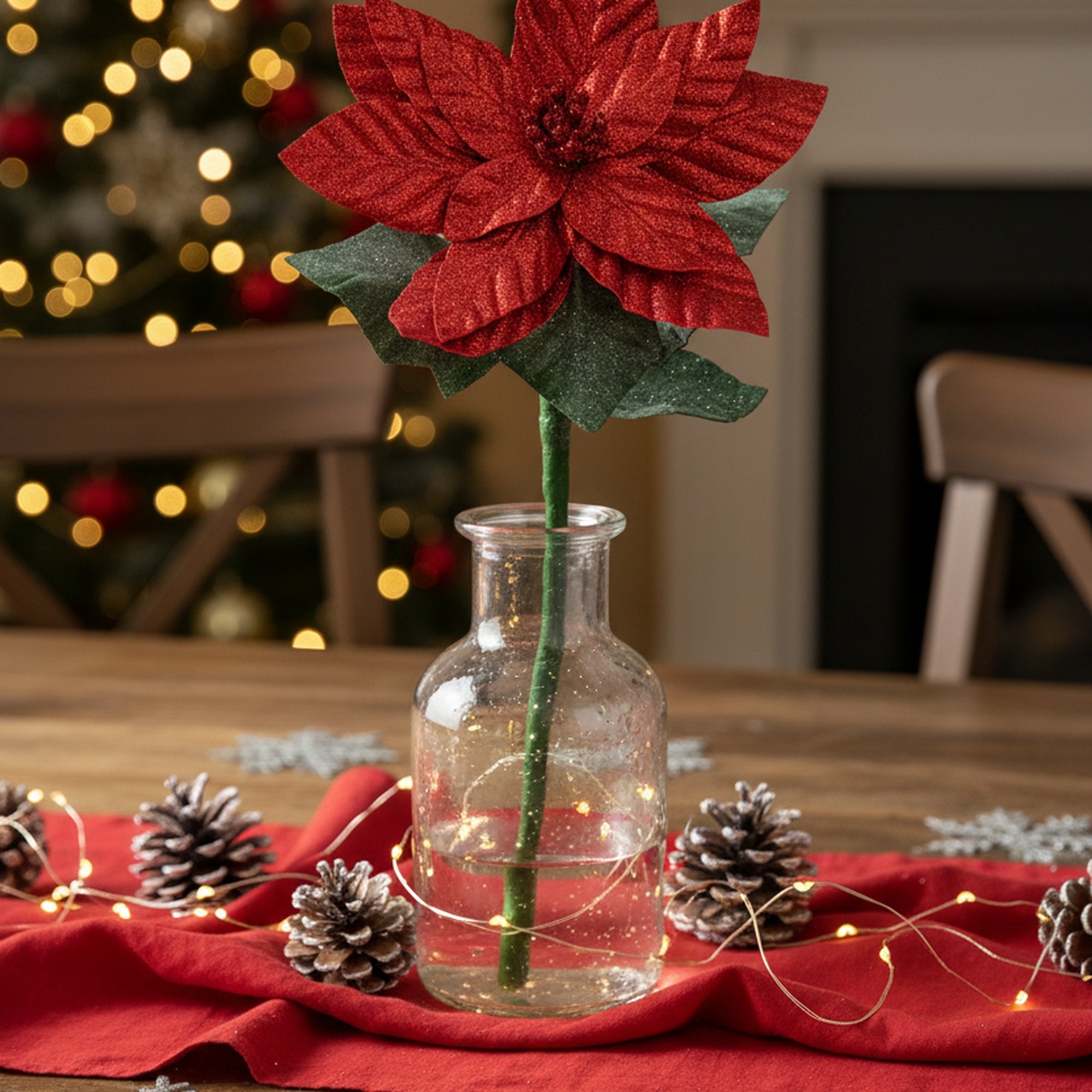 21.75" Glitter Poinsettia with Leaves Stem Red, Christmas, Floral Pick, Holiday Decor