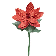21.75" Glitter Poinsettia with Leaves Stem Red, Christmas, Floral Pick, Holiday Decor