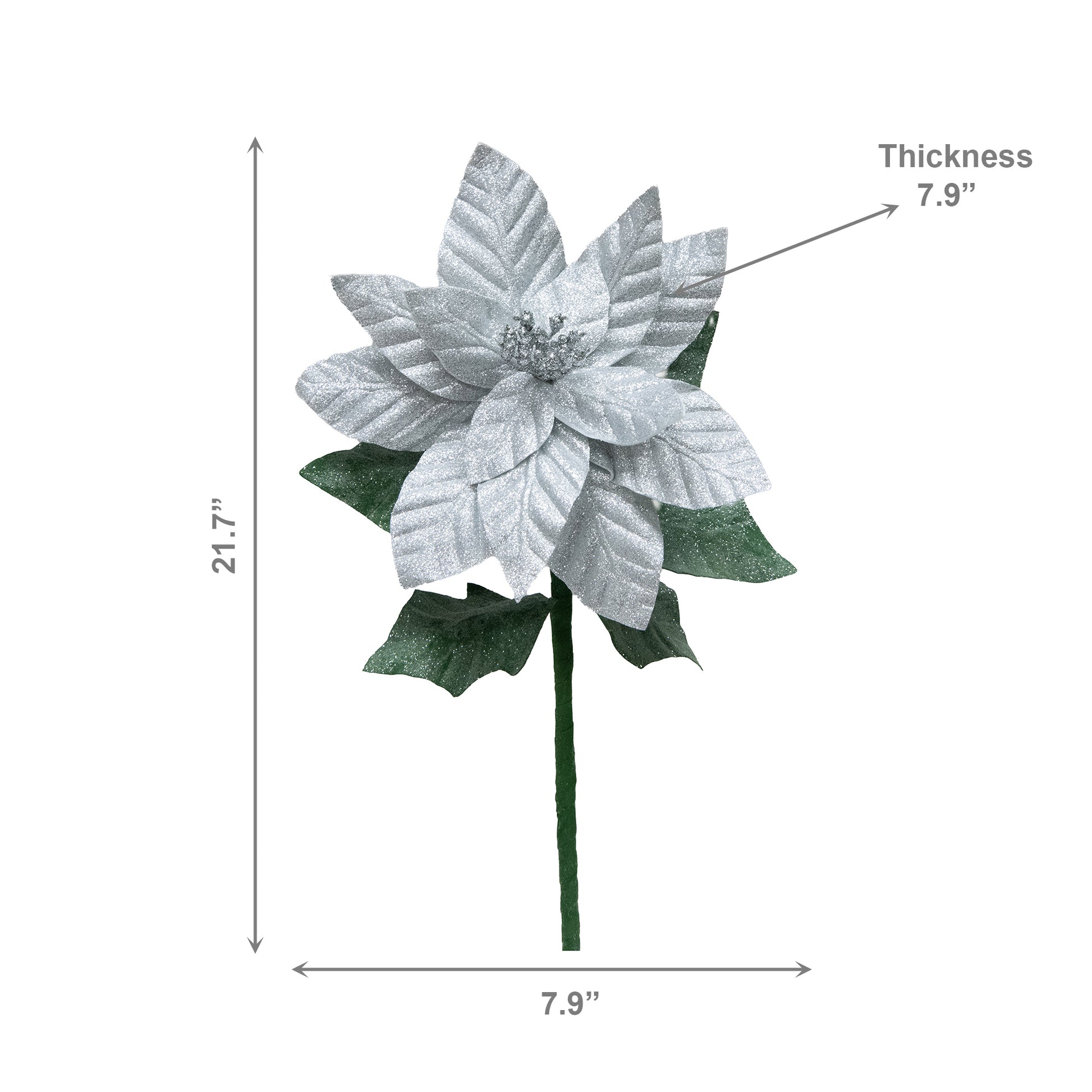 21.75" Glitter Poinsettia with Leaves Stem Silver, Christmas, Floral Pick, Holiday Decor