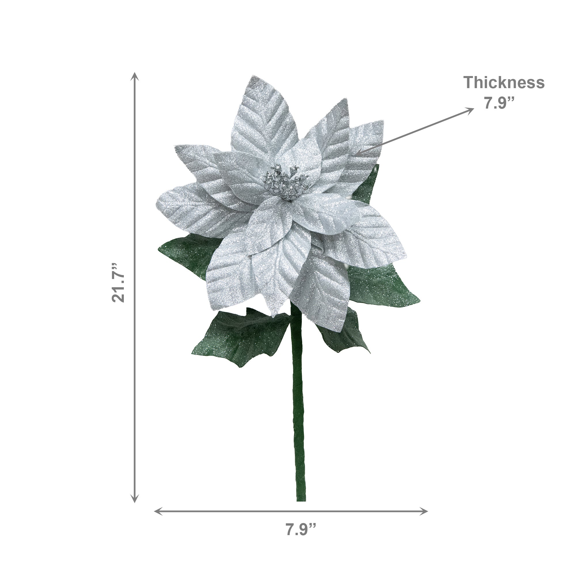 21.75" Glitter Poinsettia with Leaves Stem Silver, Christmas, Floral Pick, Holiday Decor