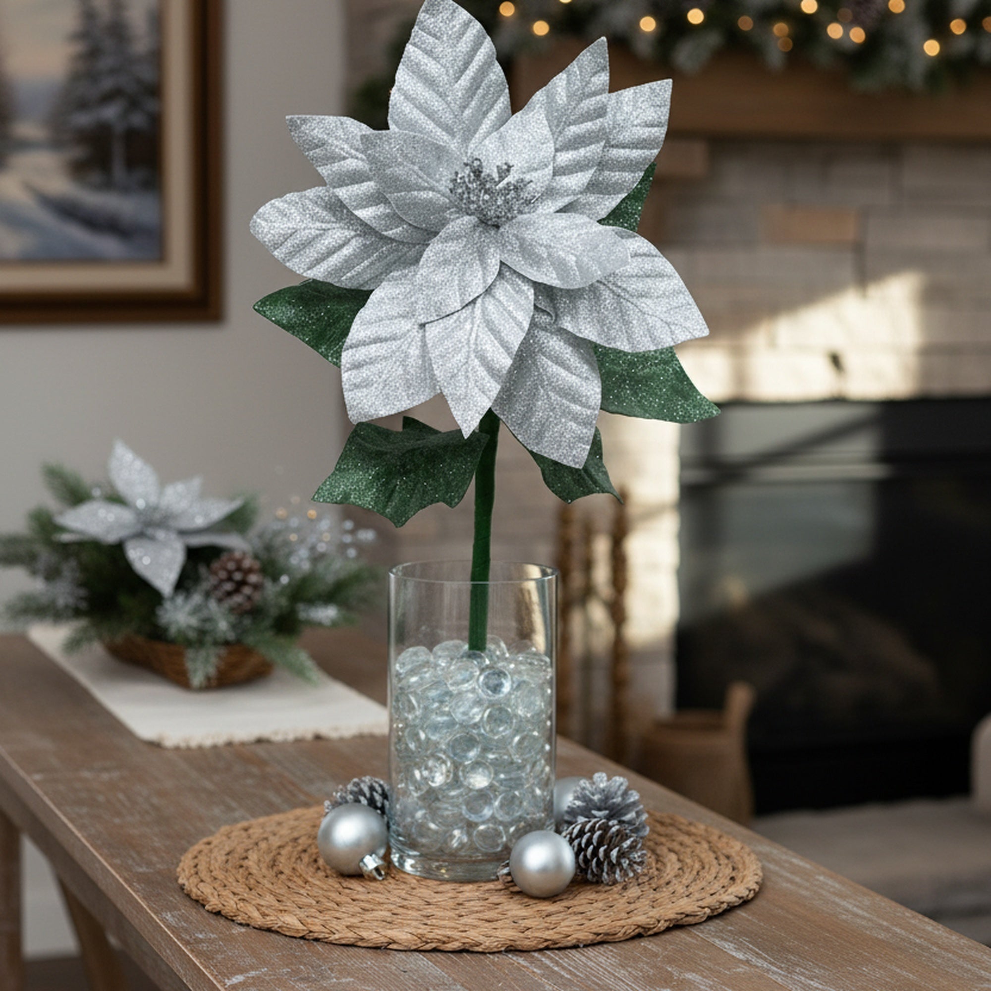 21.75" Glitter Poinsettia with Leaves Stem Silver, Christmas, Floral Pick, Holiday Decor