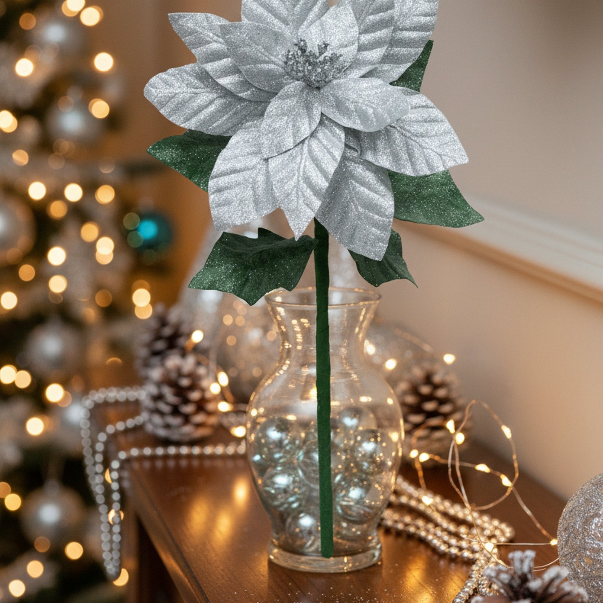 21.75" Glitter Poinsettia with Leaves Stem Silver, Christmas, Floral Pick, Holiday Decor