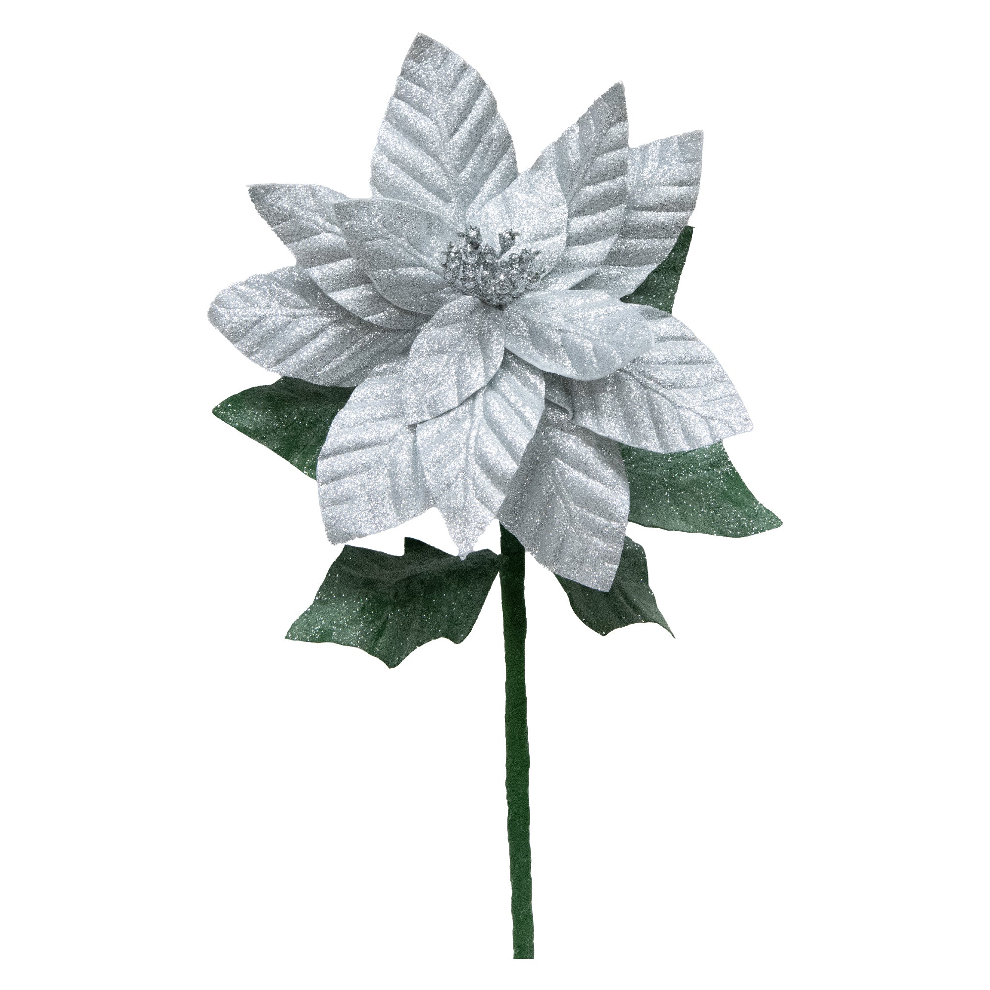 21.75" Glitter Poinsettia with Leaves Stem Silver, Christmas, Floral Pick, Holiday Decor