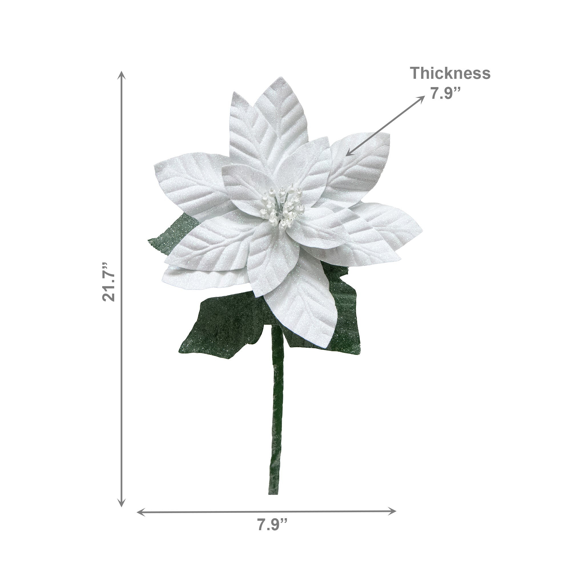 21.75" Glitter Poinsettia with Leaves Stem White, Christmas, Floral Pick, Holiday Decor