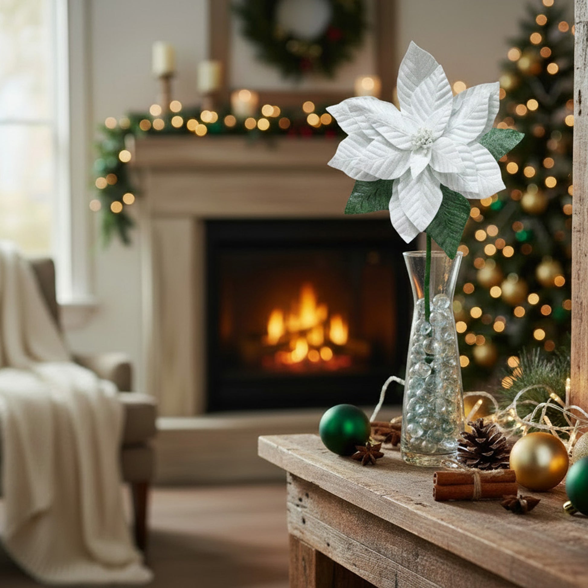 21.75" Glitter Poinsettia with Leaves Stem White, Christmas, Floral Pick, Holiday Decor