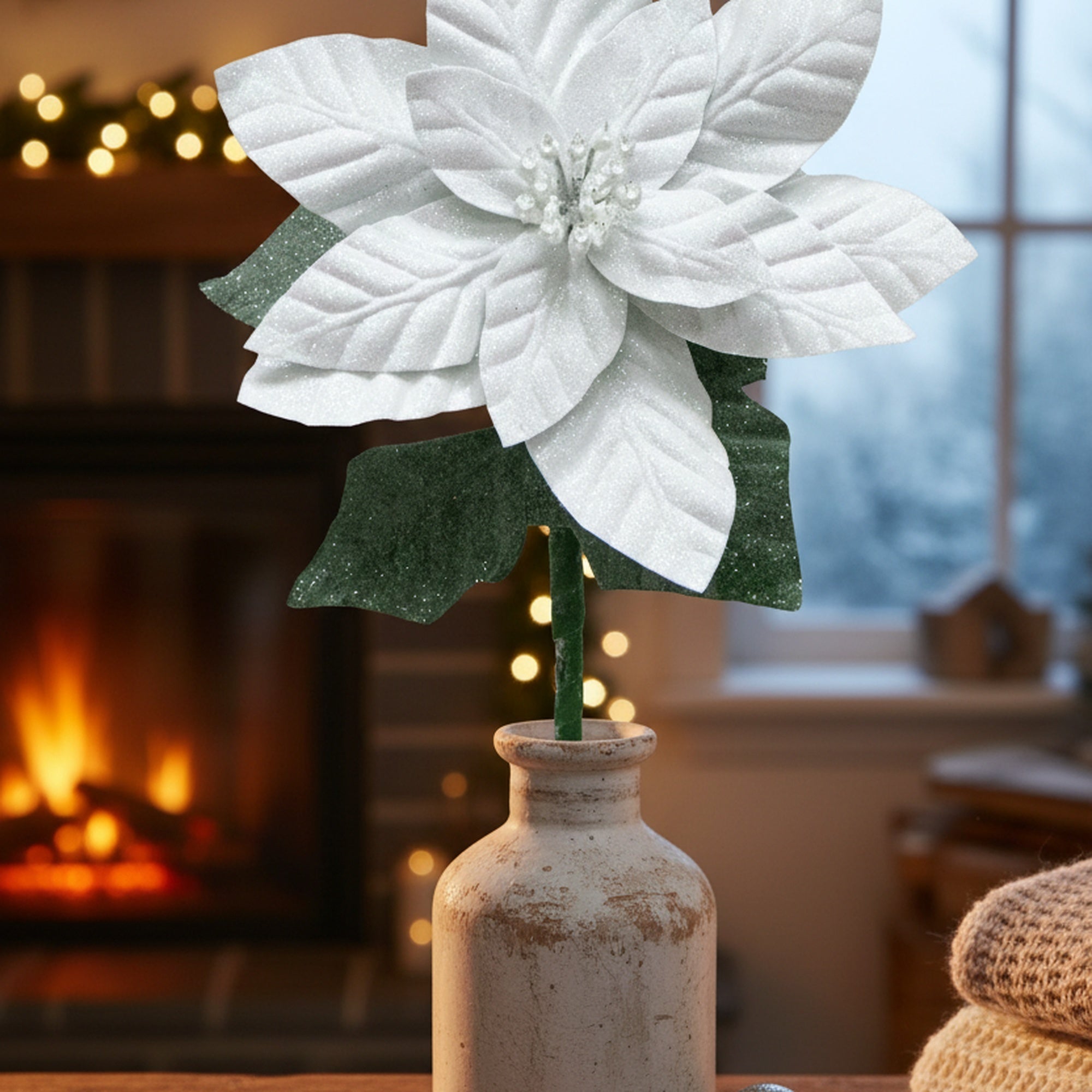 21.75" Glitter Poinsettia with Leaves Stem White, Christmas, Floral Pick, Holiday Decor