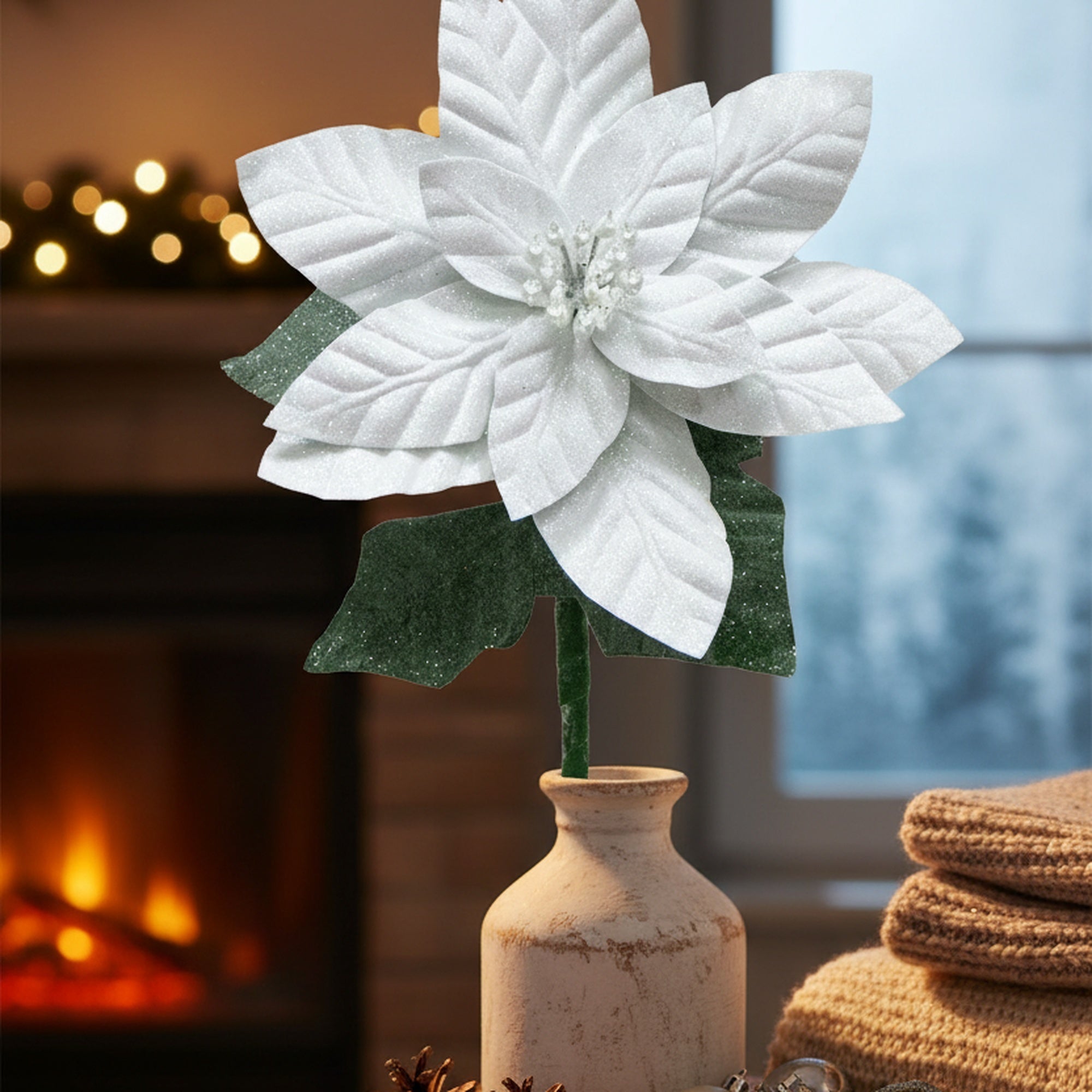 21.75" Glitter Poinsettia with Leaves Stem White, Christmas, Floral Pick, Holiday Decor
