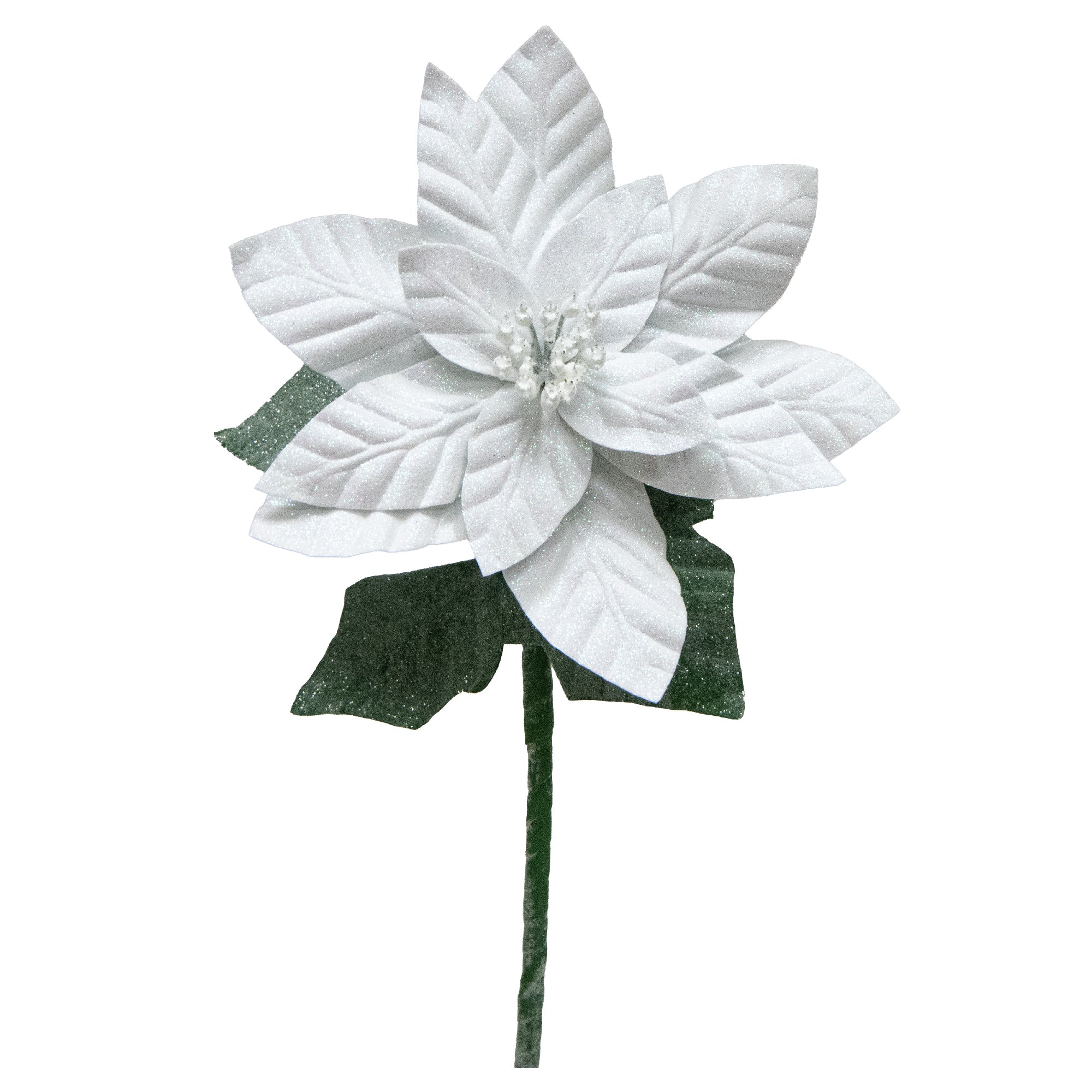 21.75" Glitter Poinsettia with Leaves Stem White, Christmas, Floral Pick, Holiday Decor