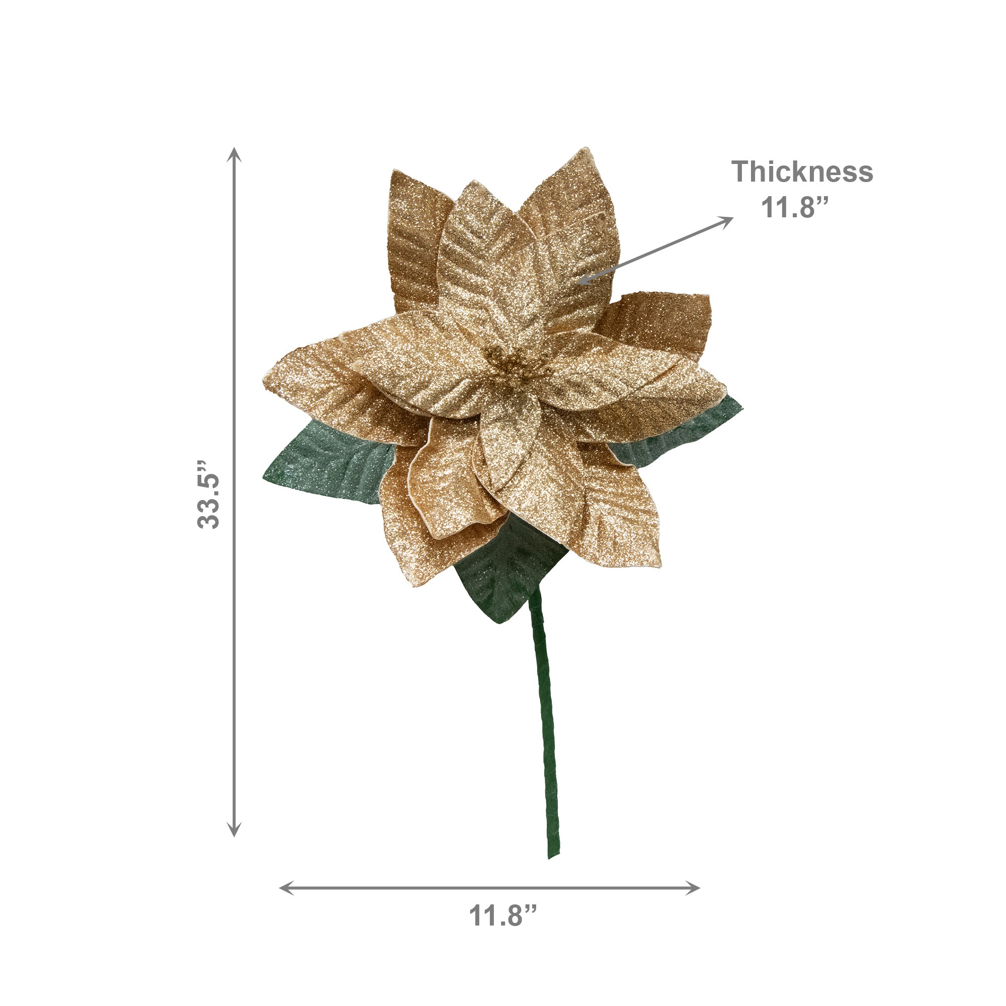 33.5" Glitter Poinsettia with Leaves Stem Gold, Christmas, Floral Pick, Holiday Decor