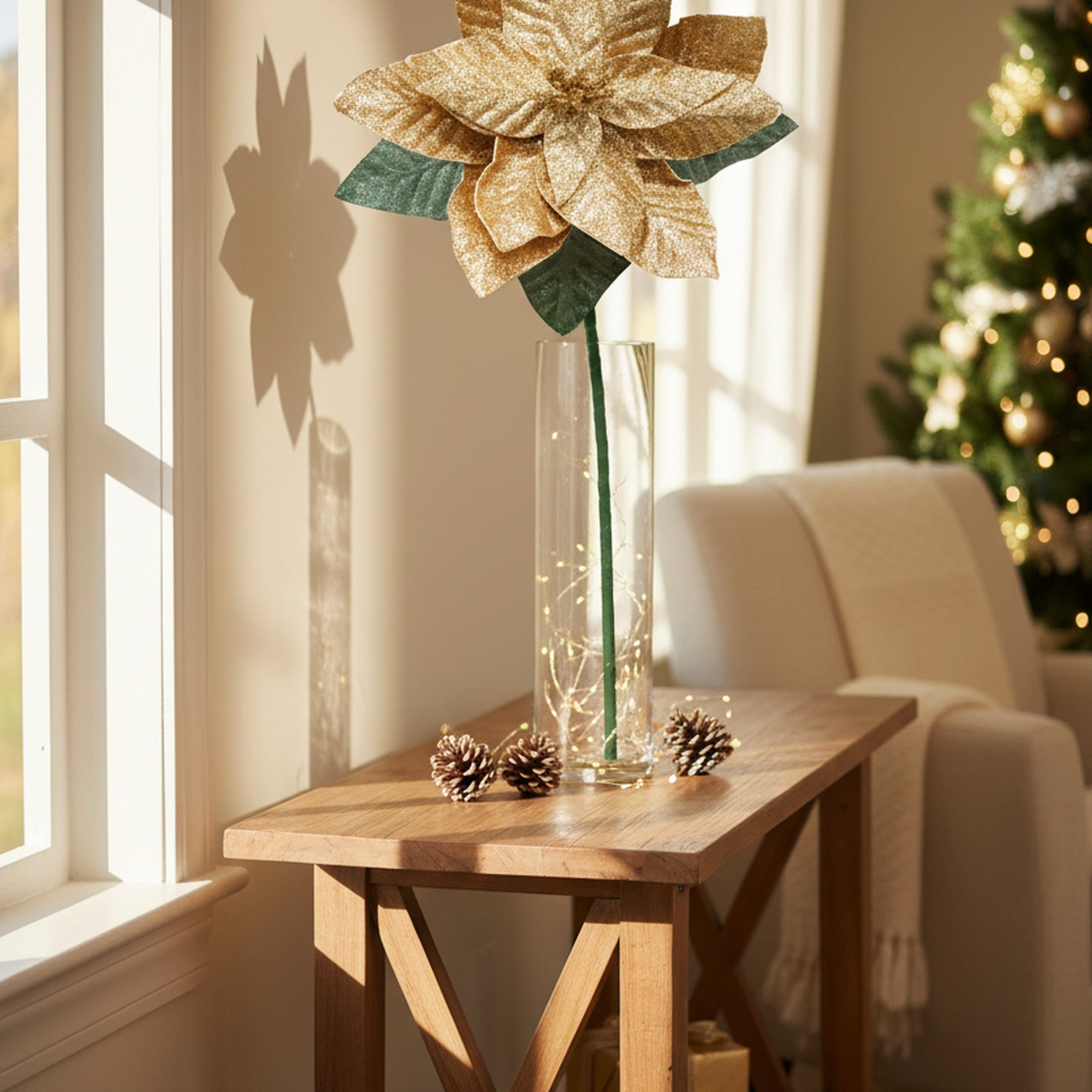 33.5" Glitter Poinsettia with Leaves Stem Gold, Christmas, Floral Pick, Holiday Decor