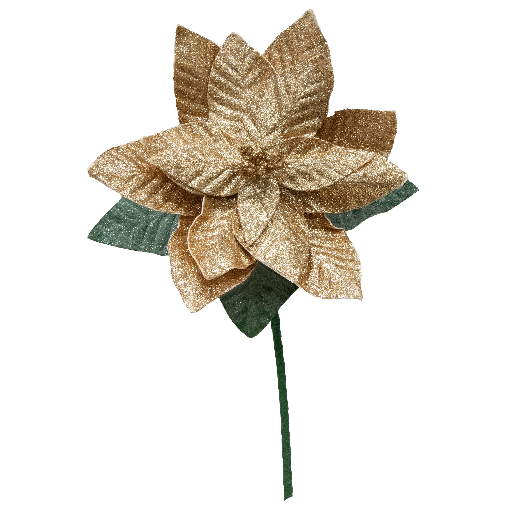 33.5" Glitter Poinsettia with Leaves Stem Gold, Christmas, Floral Pick, Holiday Decor