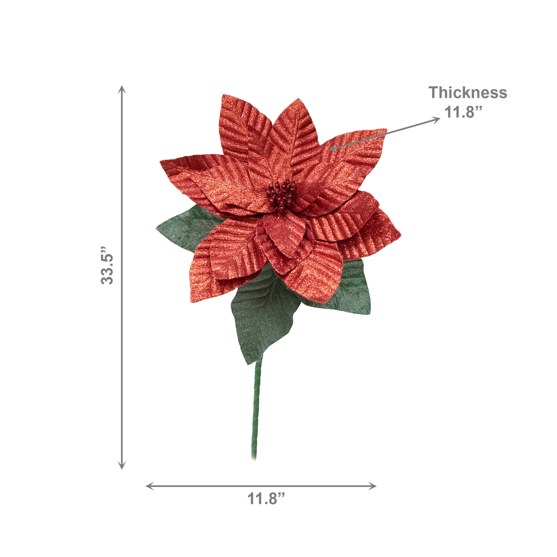 33.5" Glitter Poinsettia with Leaves Stem Red, Christmas, Floral Pick, Holiday Decor