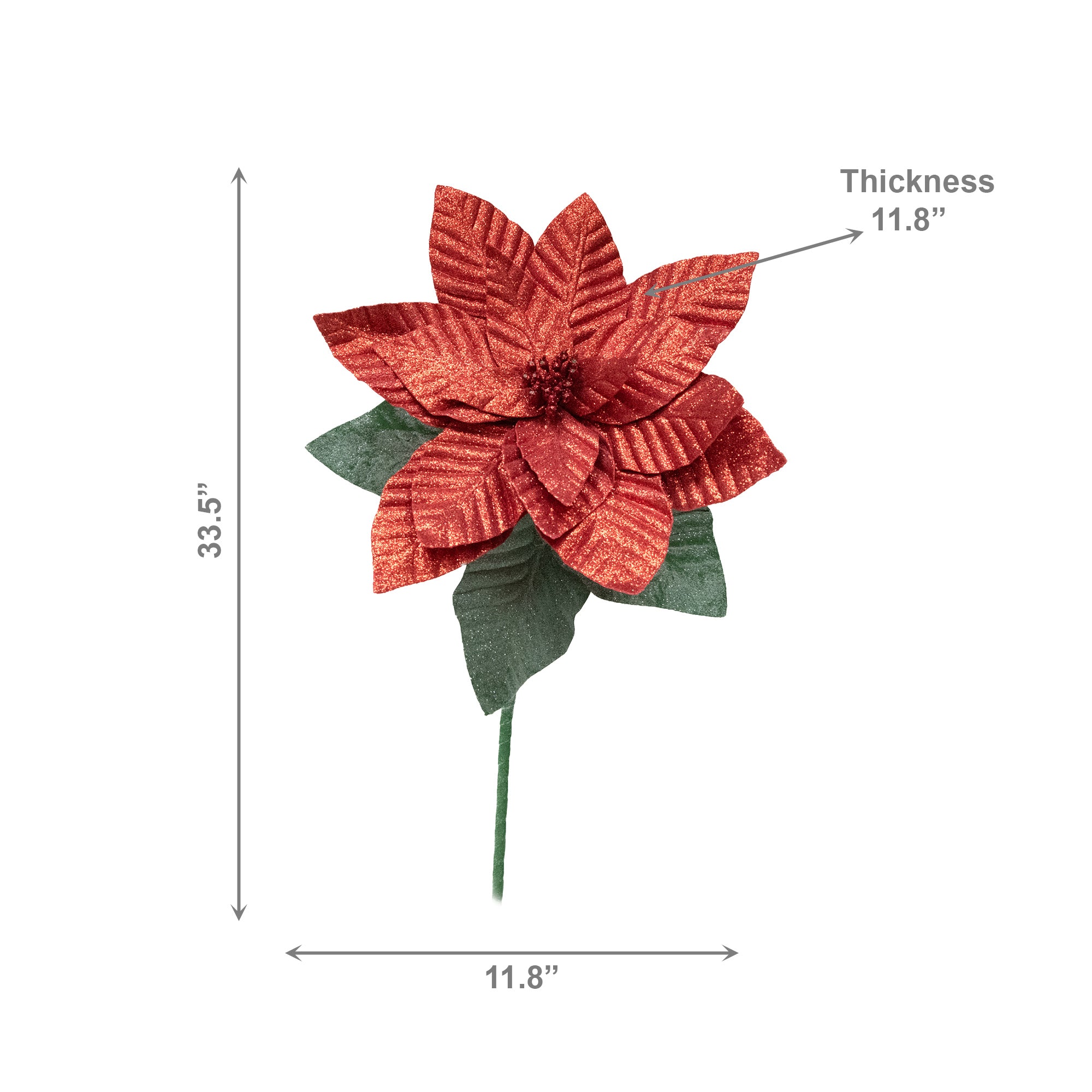 33.5" Glitter Poinsettia with Leaves Stem Red, Christmas, Floral Pick, Holiday Decor