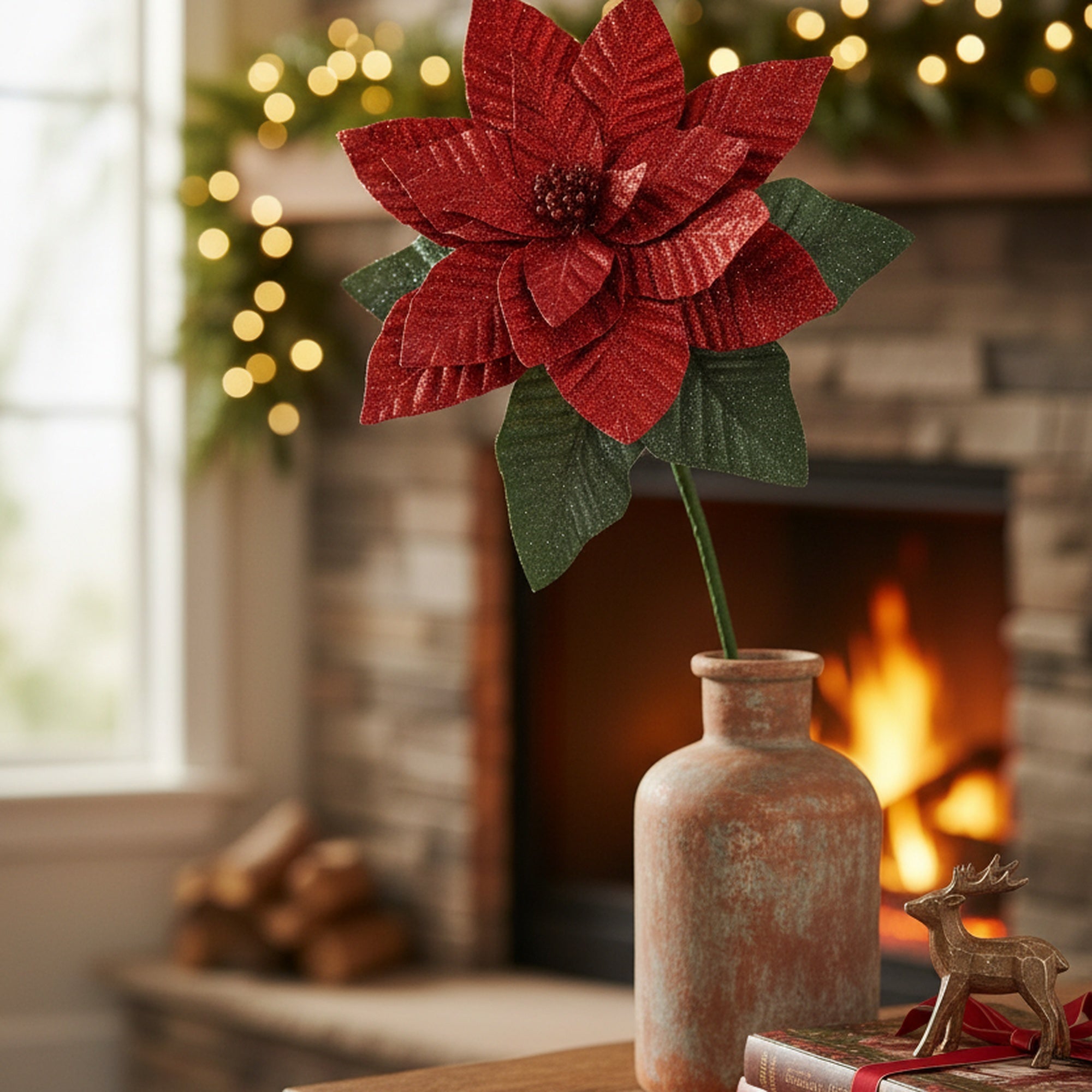 33.5" Glitter Poinsettia with Leaves Stem Red, Christmas, Floral Pick, Holiday Decor
