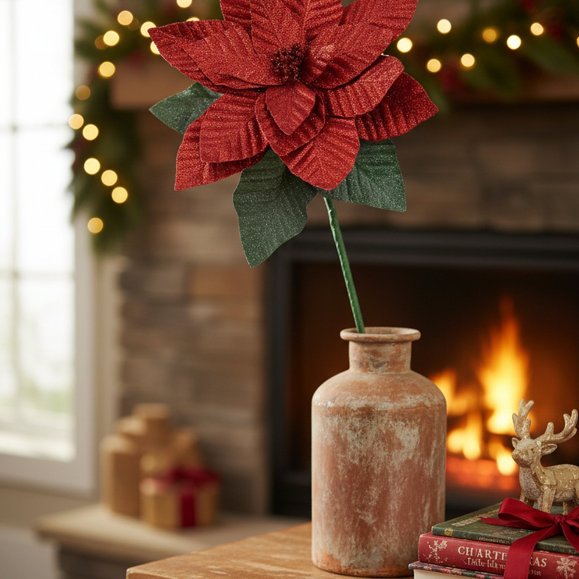 33.5" Glitter Poinsettia with Leaves Stem Red, Christmas, Floral Pick, Holiday Decor