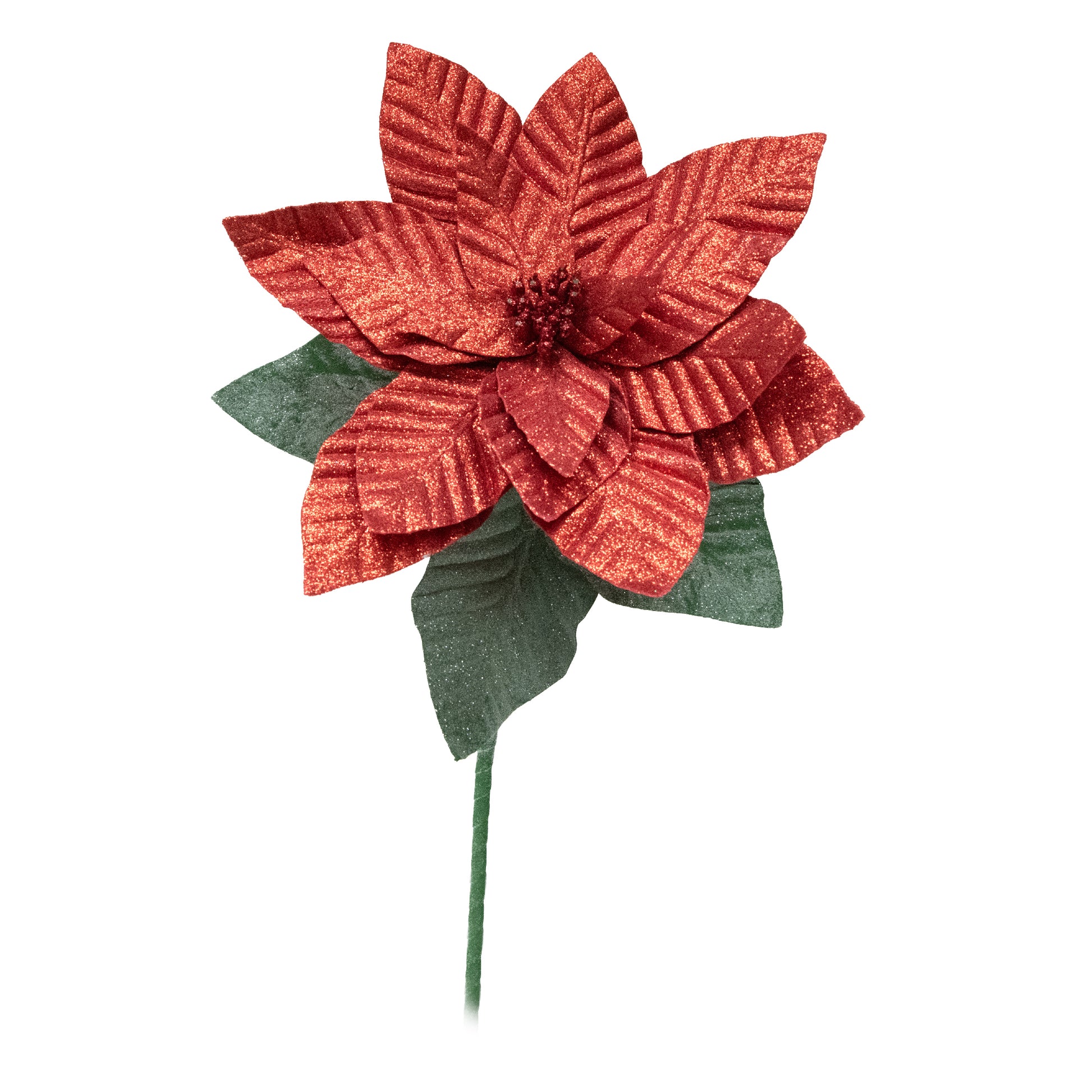 33.5" Glitter Poinsettia with Leaves Stem Red, Christmas, Floral Pick, Holiday Decor