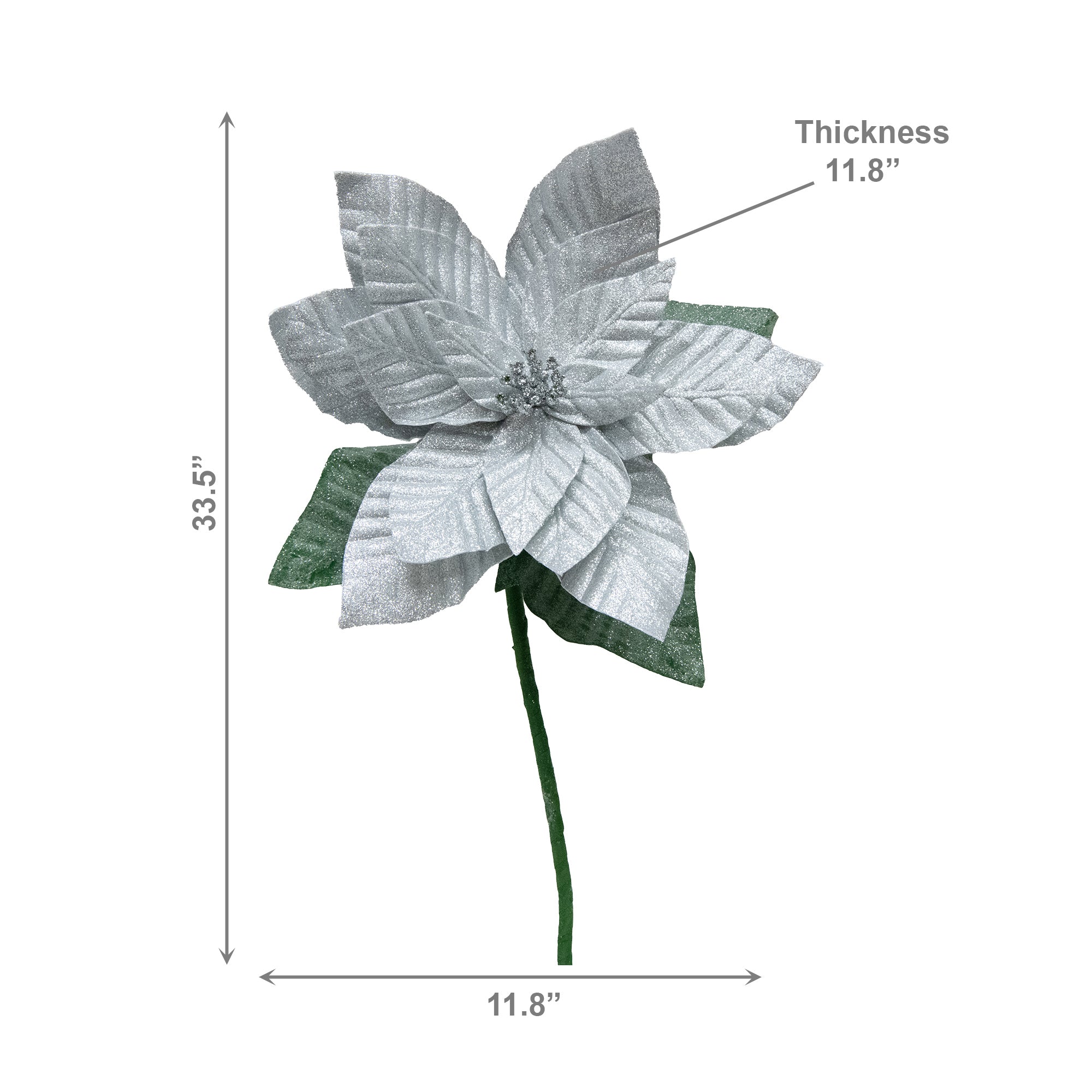 33.5" Glitter Poinsettia with Leaves Stem Silver, Christmas, Floral Pick, Holiday Decor