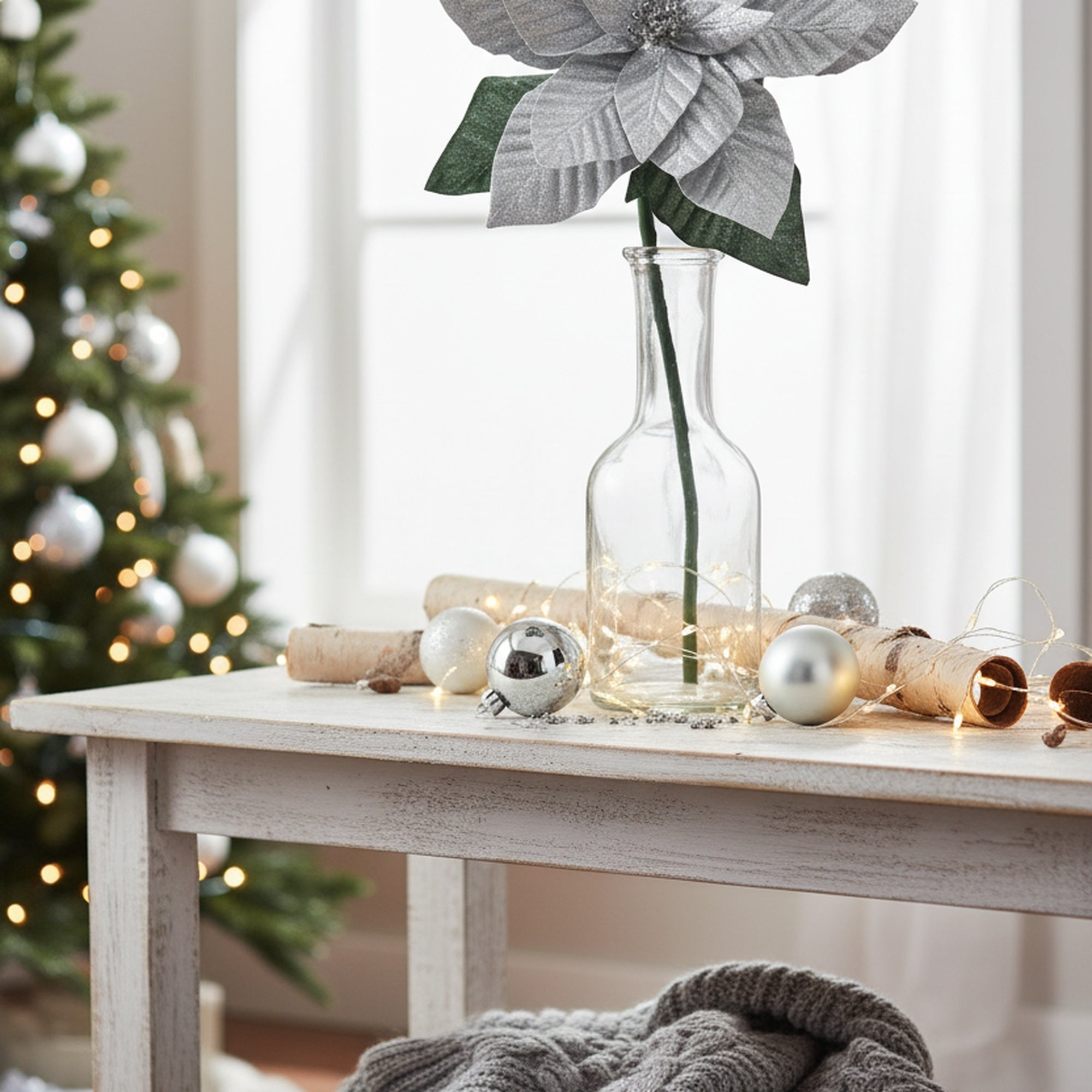33.5" Glitter Poinsettia with Leaves Stem Silver, Christmas, Floral Pick, Holiday Decor
