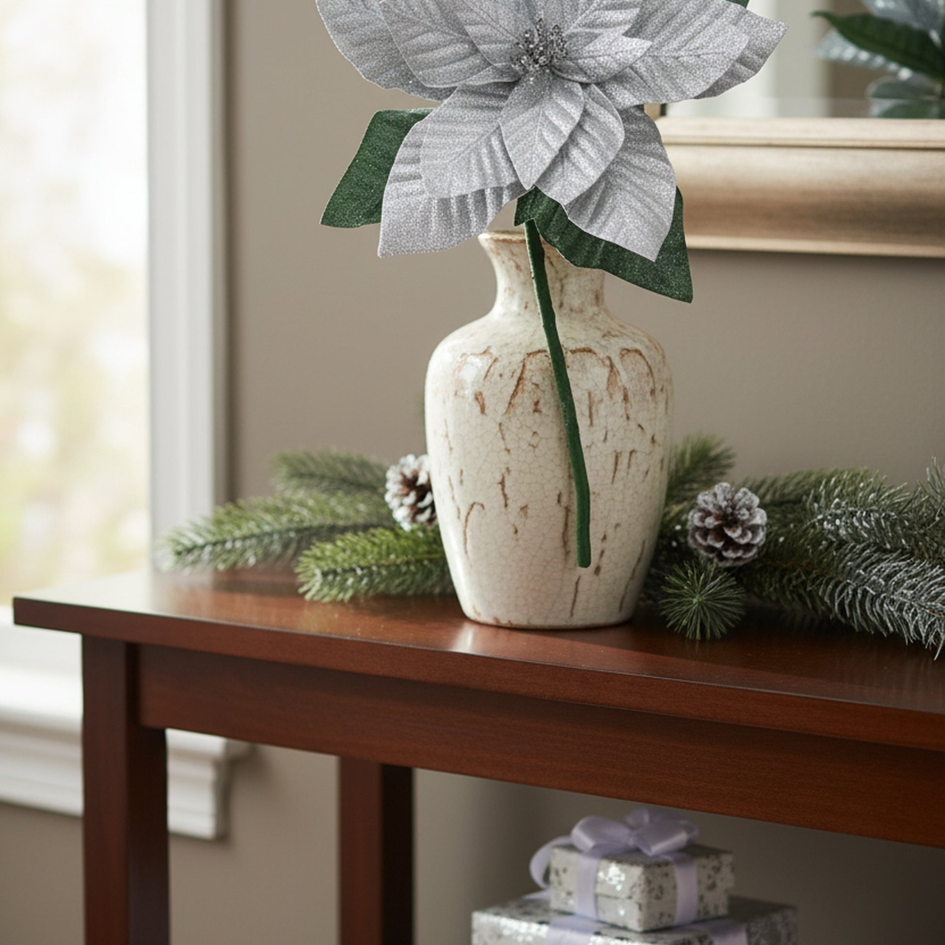 33.5" Glitter Poinsettia with Leaves Stem Silver, Christmas, Floral Pick, Holiday Decor