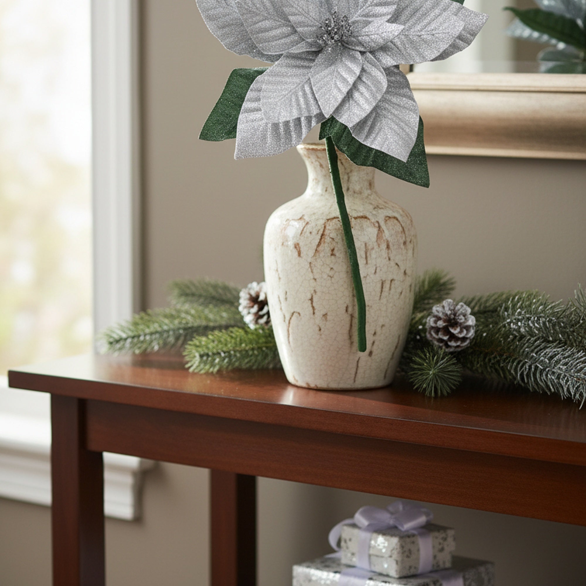 33.5" Glitter Poinsettia with Leaves Stem Silver, Christmas, Floral Pick, Holiday Decor