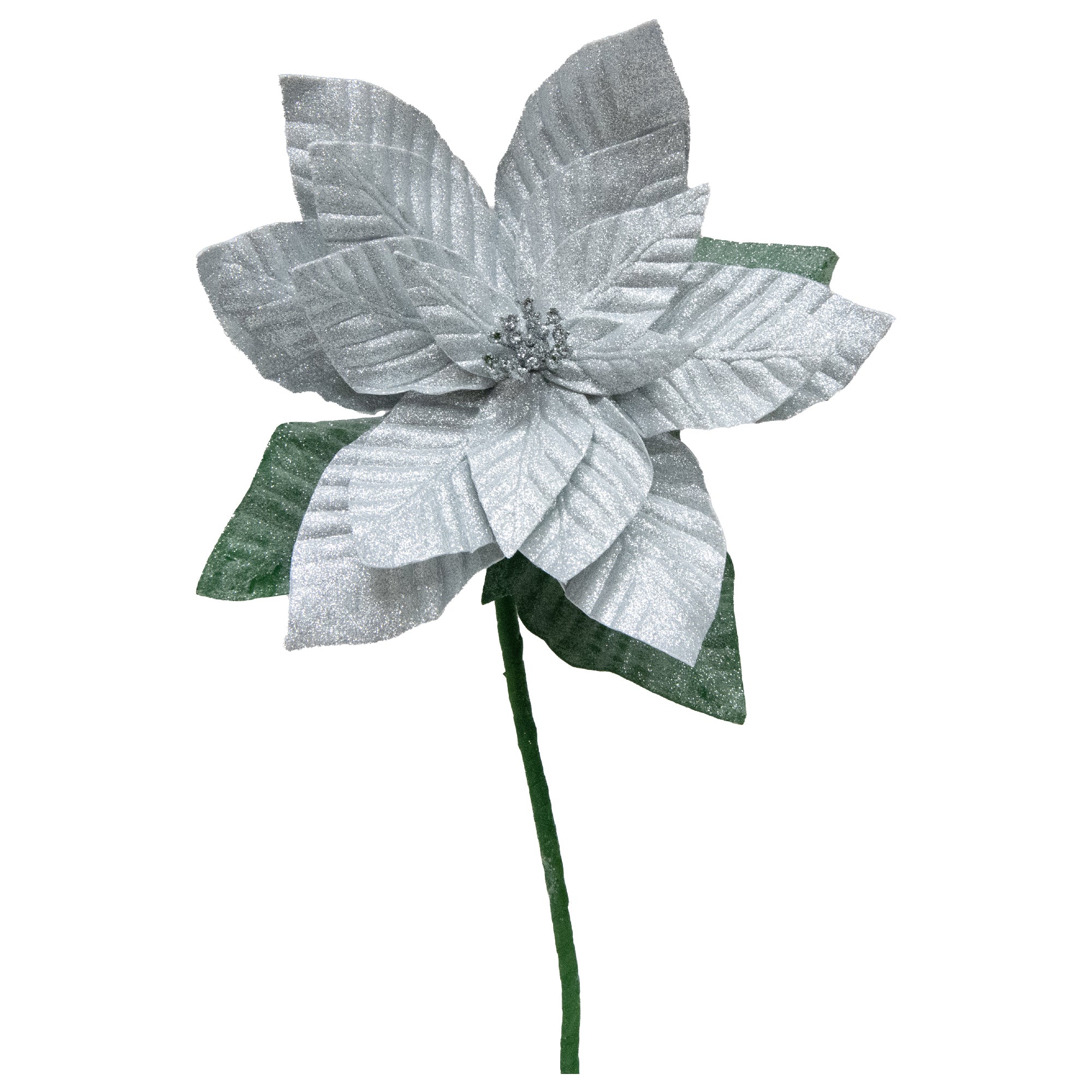 33.5" Glitter Poinsettia with Leaves Stem Silver, Christmas, Floral Pick, Holiday Decor