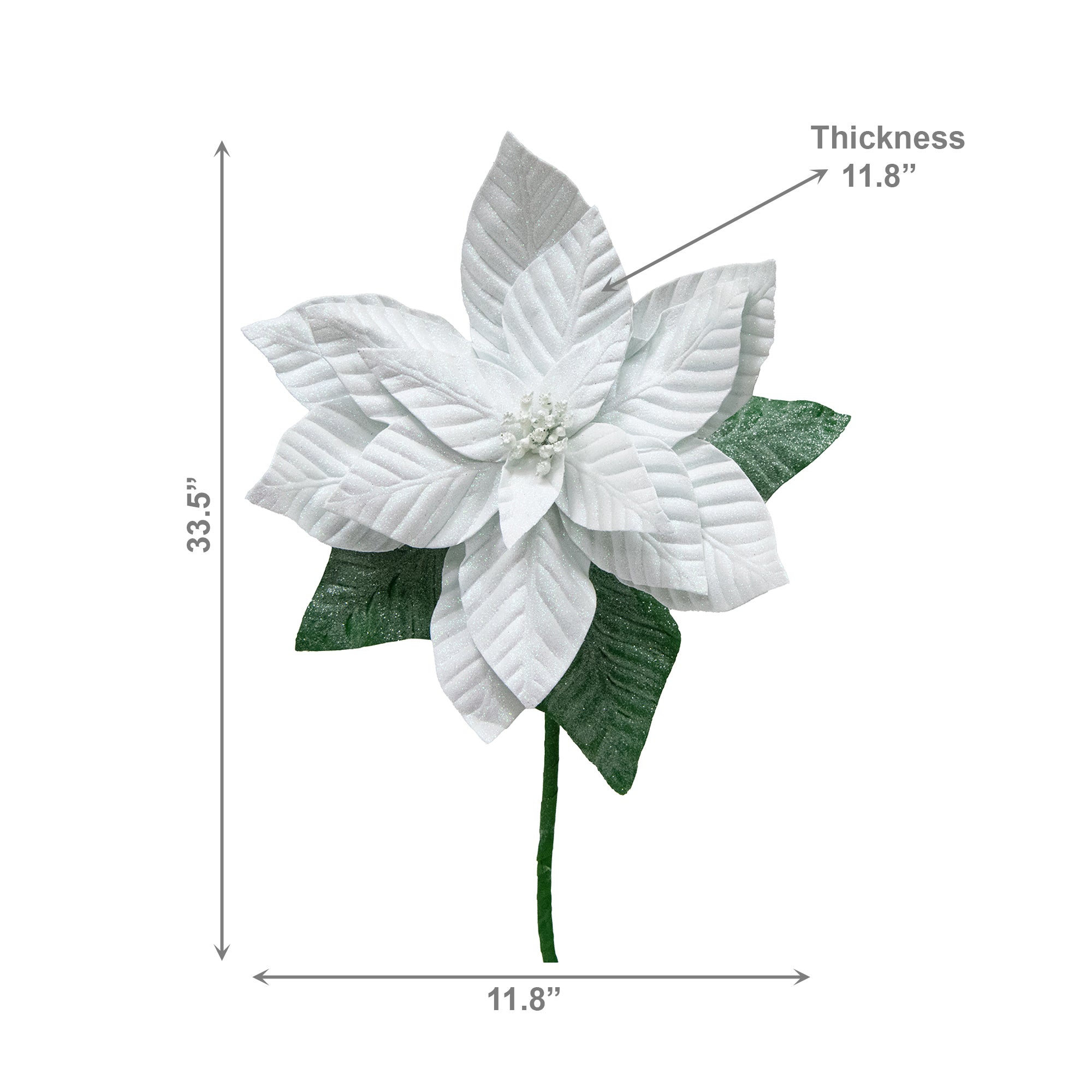 33.5" Glitter Poinsettia with Leaves Stem White, Christmas, Floral Pick, Holiday Decor