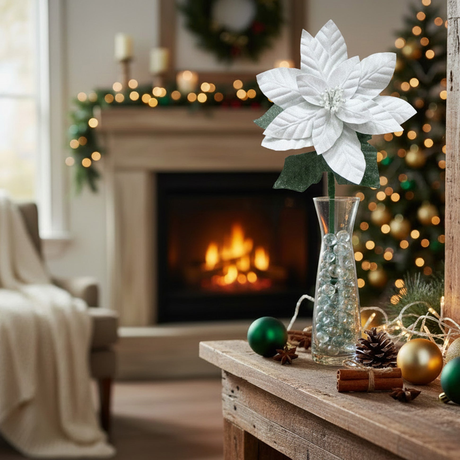 33.5" Glitter Poinsettia with Leaves Stem White, Christmas, Floral Pick, Holiday Decor