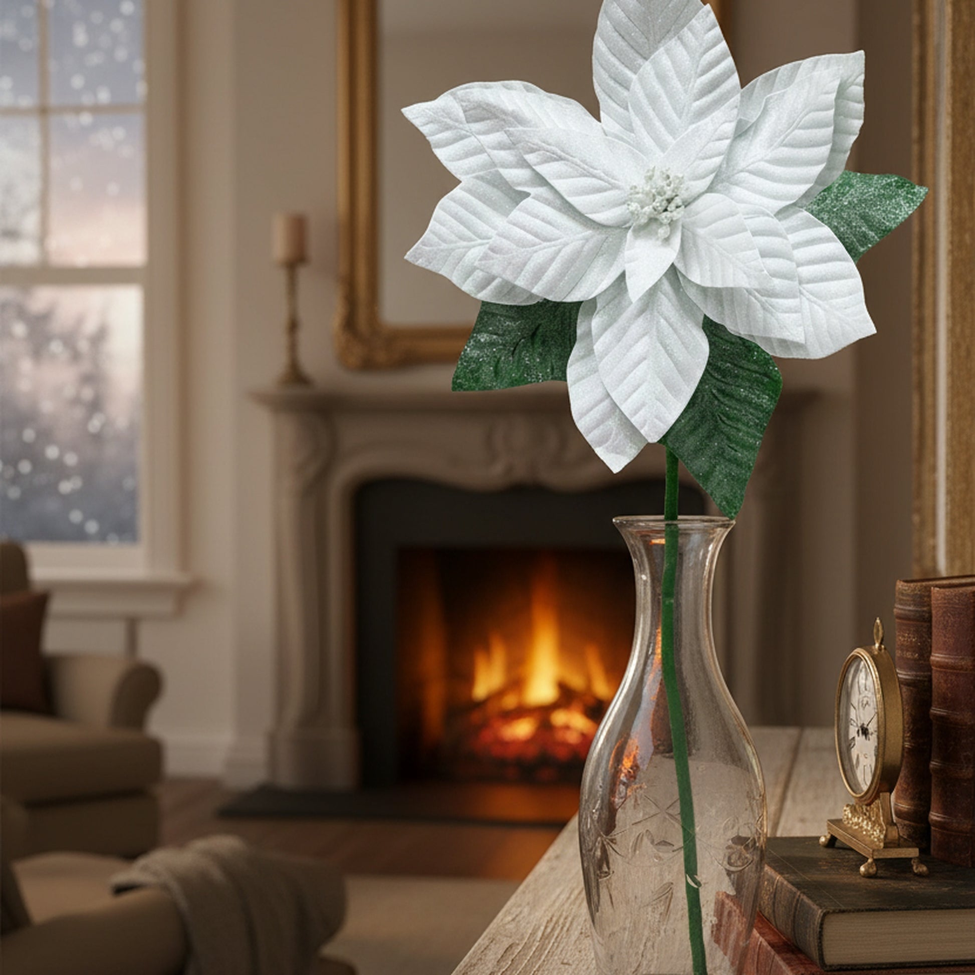 33.5" Glitter Poinsettia with Leaves Stem White, Christmas, Floral Pick, Holiday Decor