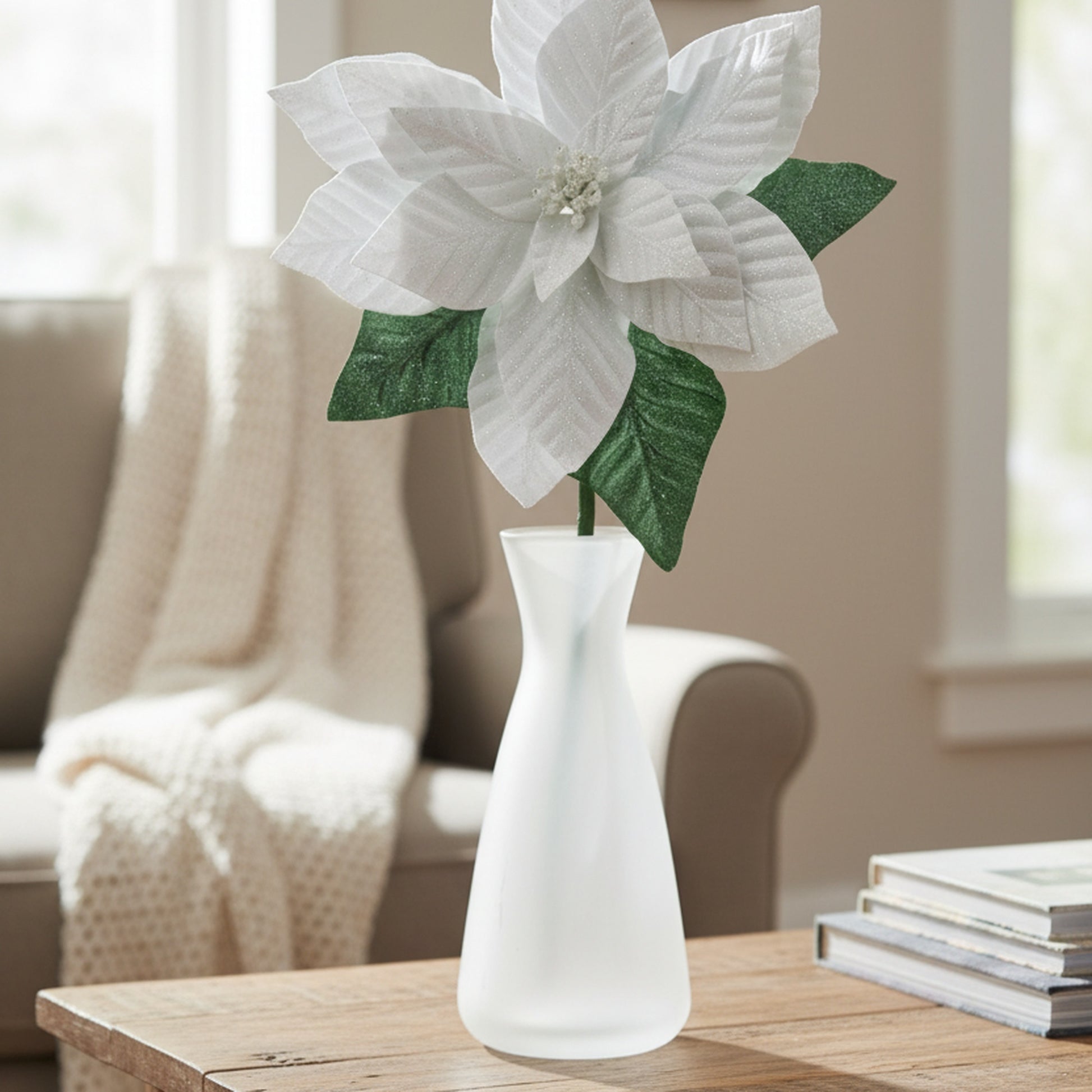 33.5" Glitter Poinsettia with Leaves Stem White, Christmas, Floral Pick, Holiday Decor