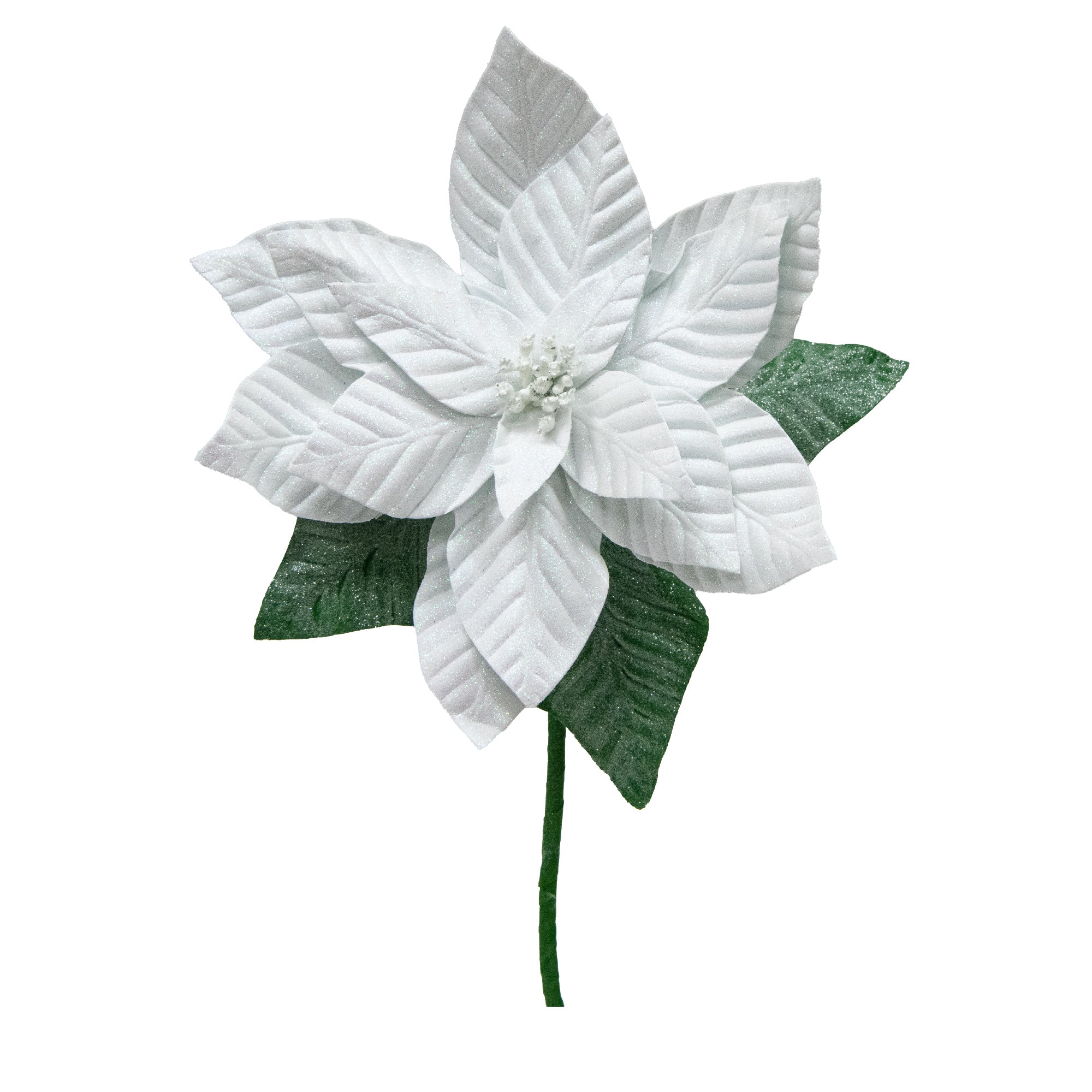33.5" Glitter Poinsettia with Leaves Stem White, Christmas, Floral Pick, Holiday Decor