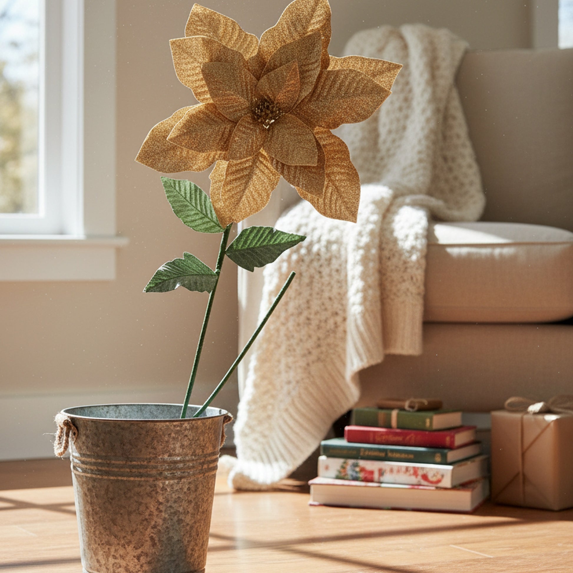 41.5" Glitter Poinsettia with Leaves Stem Gold, Christmas, Floral Pick, Holiday Decor