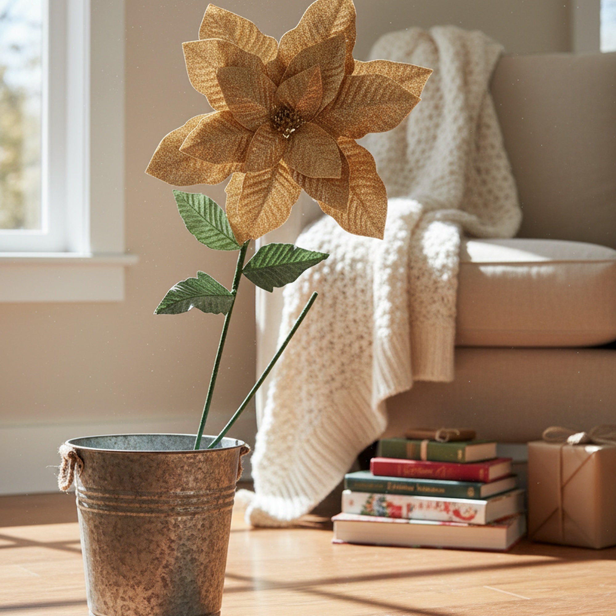 41.5" Glitter Poinsettia with Leaves Stem Gold, Christmas, Floral Pick, Holiday Decor