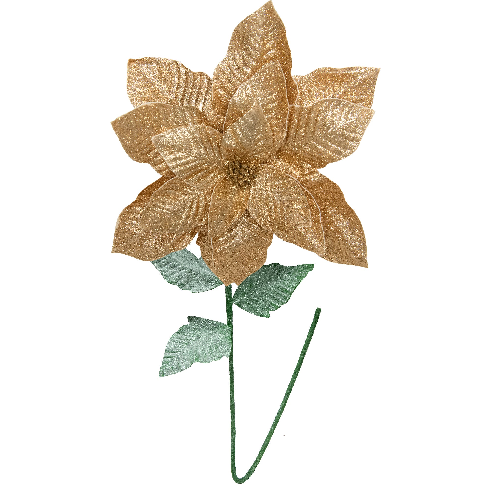 41.5" Glitter Poinsettia with Leaves Stem Gold, Christmas, Floral Pick, Holiday Decor
